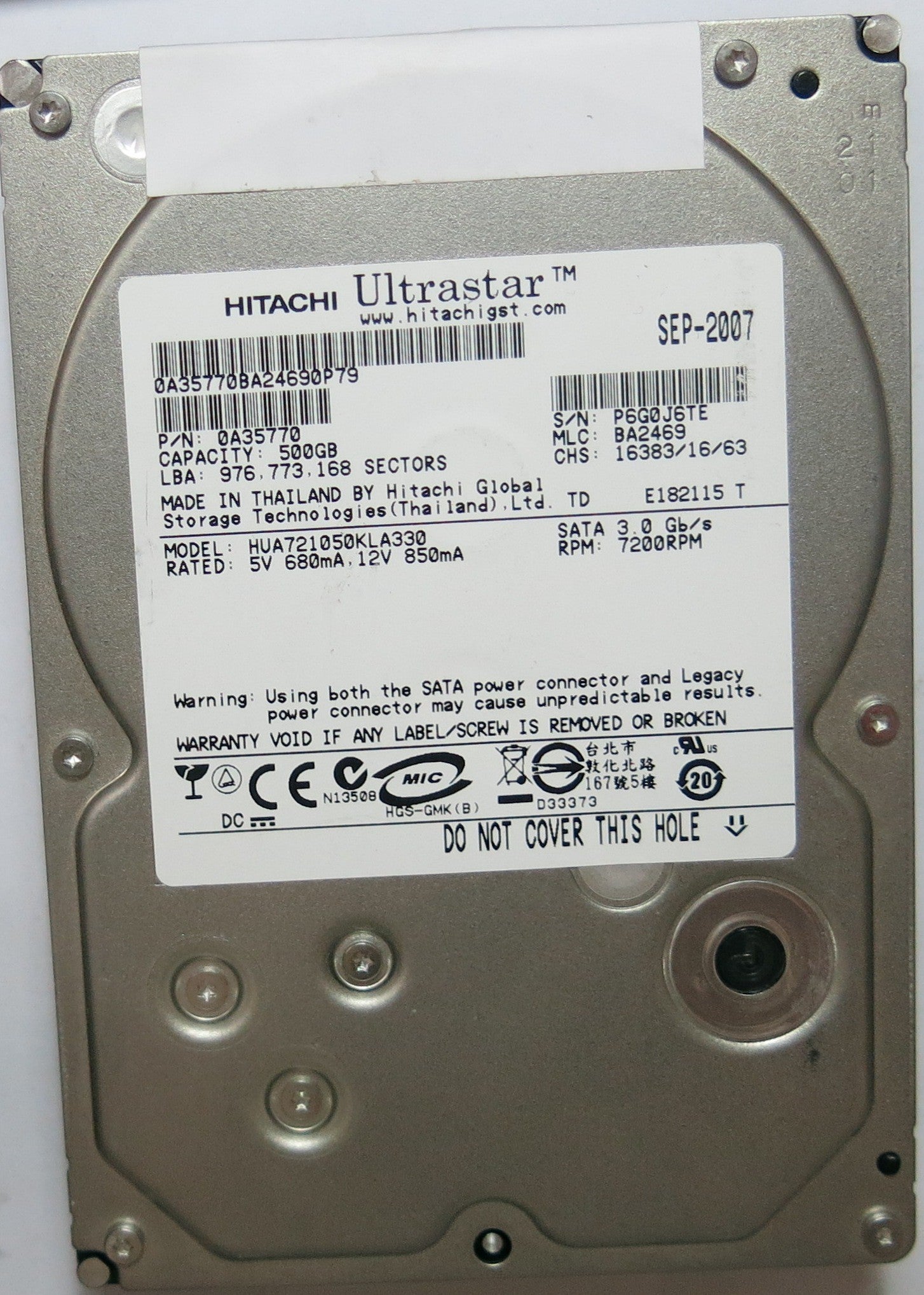 HITACHI HUA721050KLA330 PN 0A35770FW BA2469 500,GB