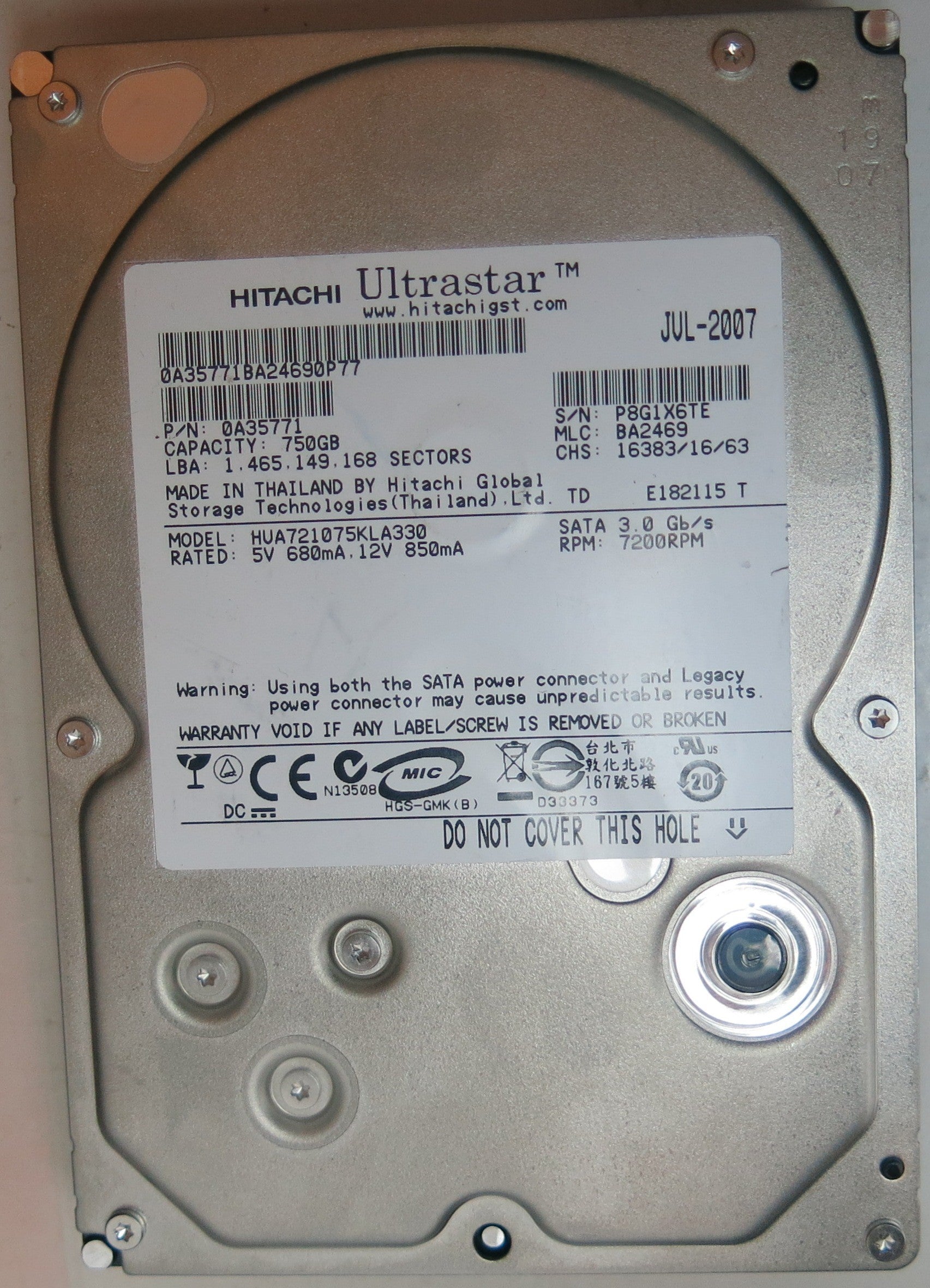 HUA721075KLA330 PCB: 110 0A29636 01 SERIAL NUMBER: P8G1X6TE PN 0A35771 FW BA2469 750 GB
