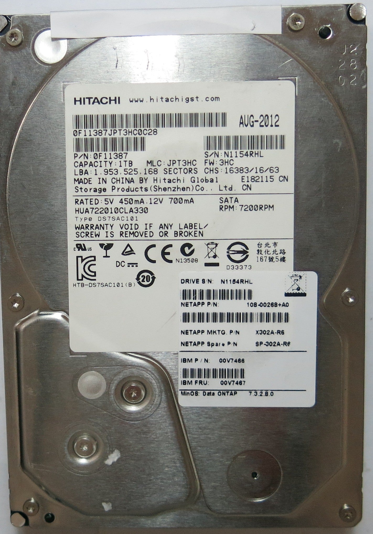 HUA722010CLA330 PCB: 110 0A90188 REV A SERIAL N1154RHL MLC: JPT3HC PN 0F11387  FW JPT3HC  1,TB