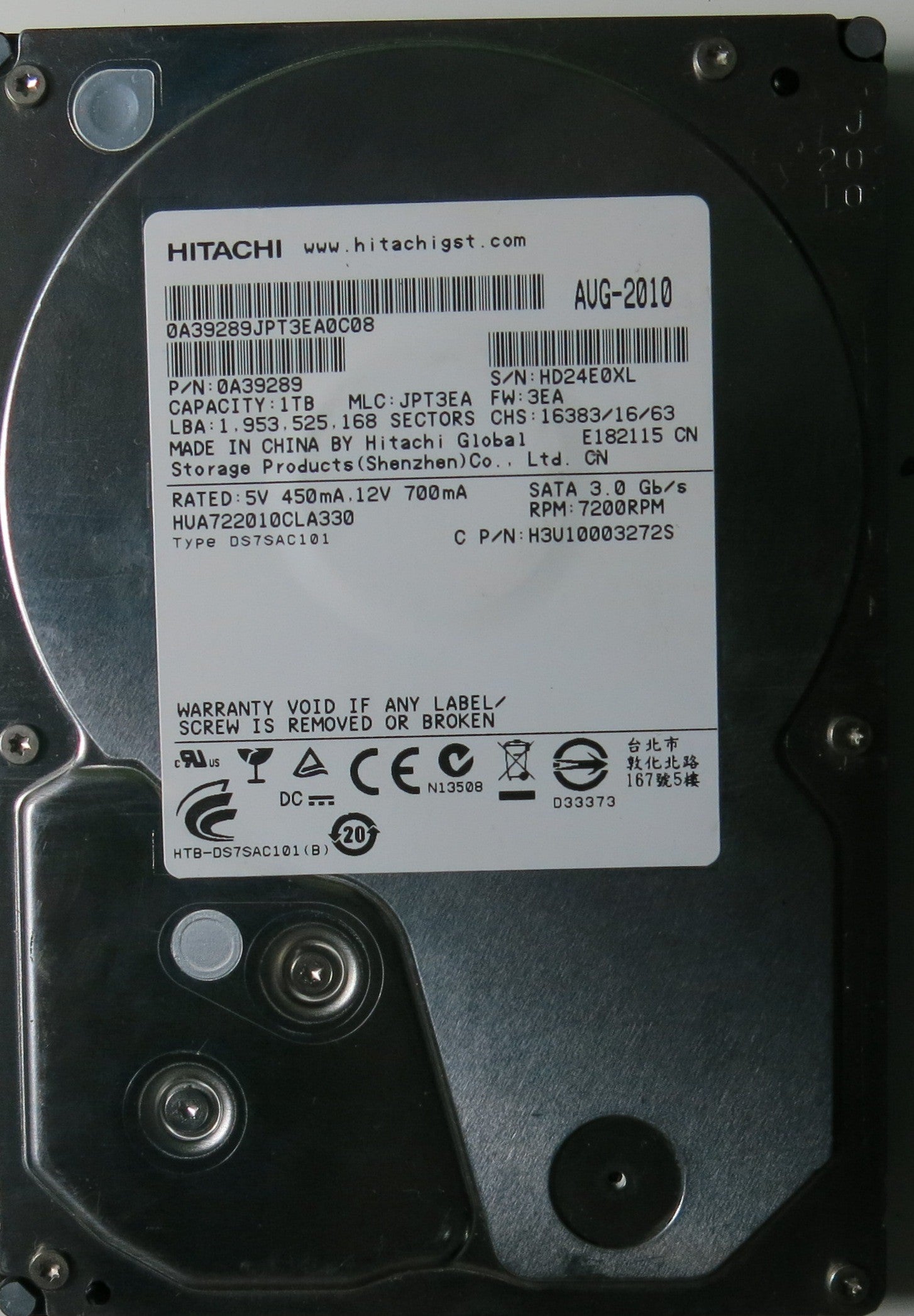 0A39289JPT3A0C08,  P/N:0A39289,  MLC:JPT3EA,  Serial:HD24E0XL,  1TB 3.5,  PCB :110 0A90188 01- REV A,   FW:3EA