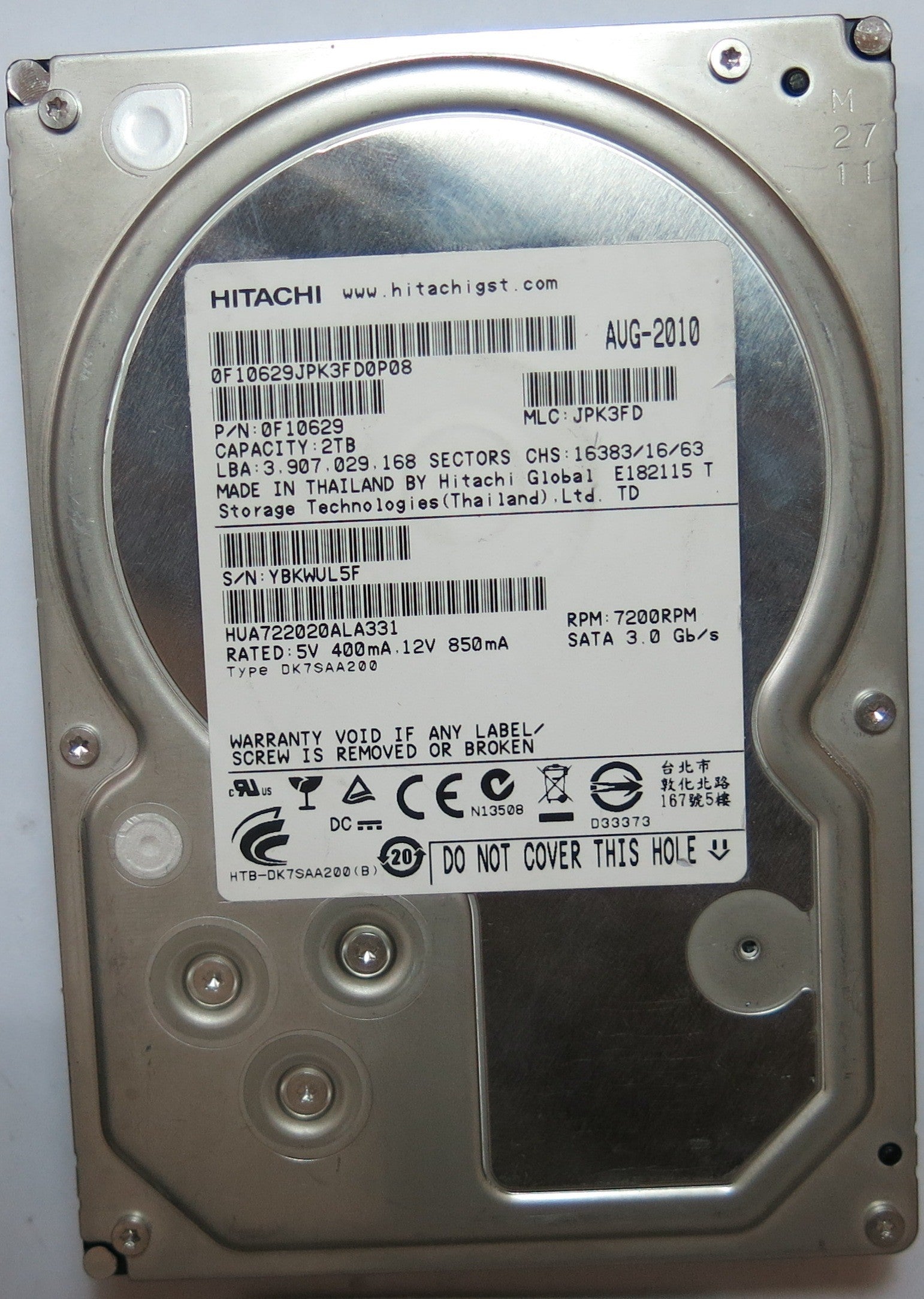 HUA722020ALA331,  P/N:OF10629,  MLC:JPK3FD,  Serial:YBKWUL5F,  2TB 3.5 ,       PCB :110 0A90201 01- REV A