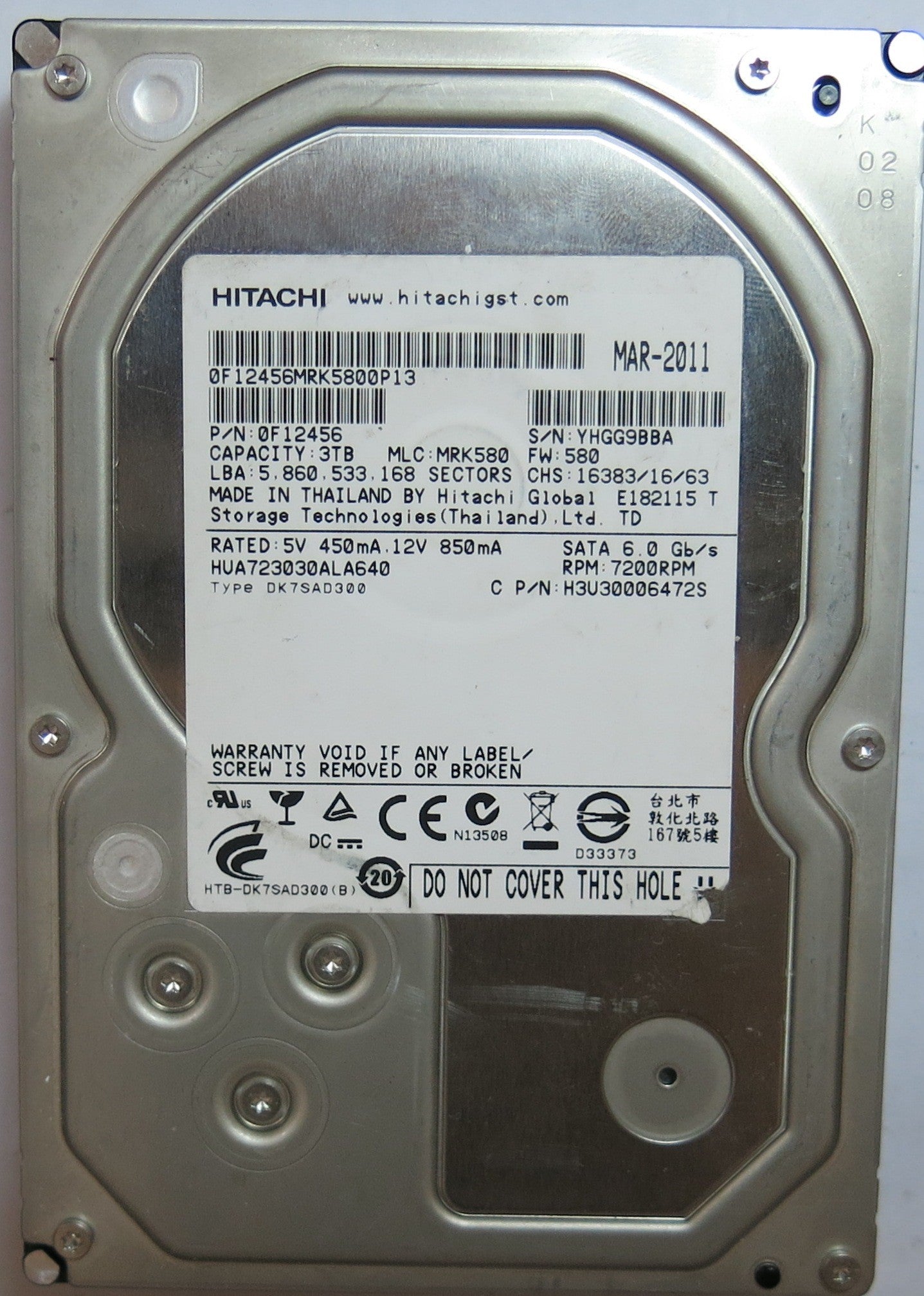 HUA723030ALA640 PCB: 220 0A90284 01 SERIAL YHGG9BBA  PN 0F12456  FW MRK580  3,TB
