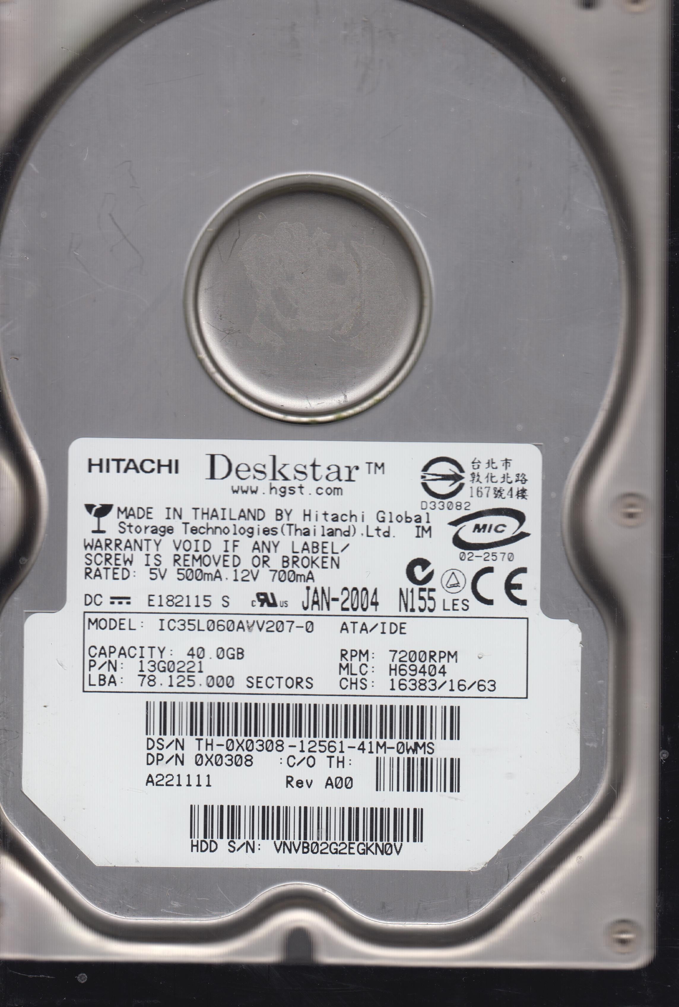 IC355L060AVV207-0 P/N 13G0221 MLC H69404 40GB 3.5