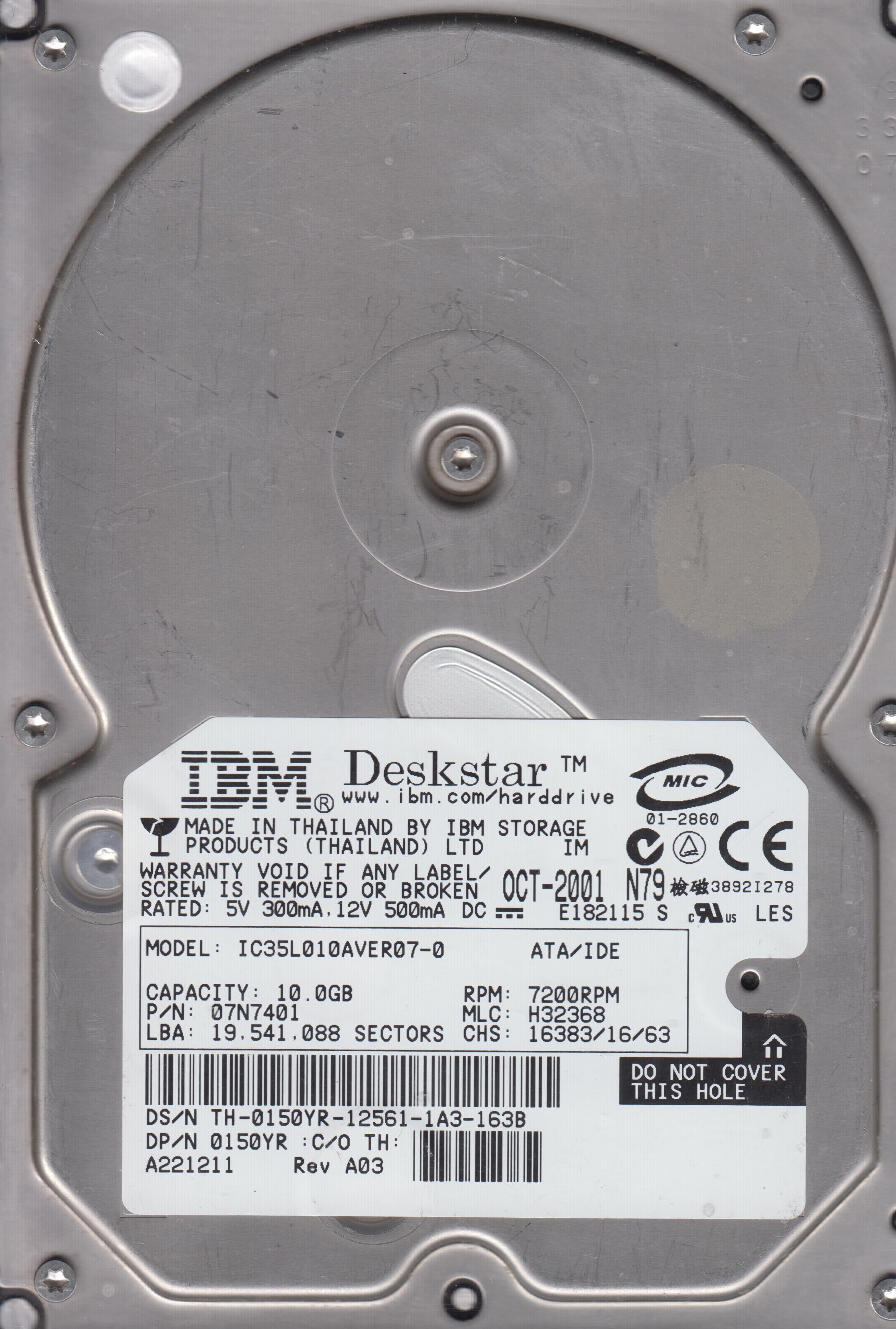 IC35L010AVER07-0 P/N 07N7401 MLC H32368 3.5 10GB