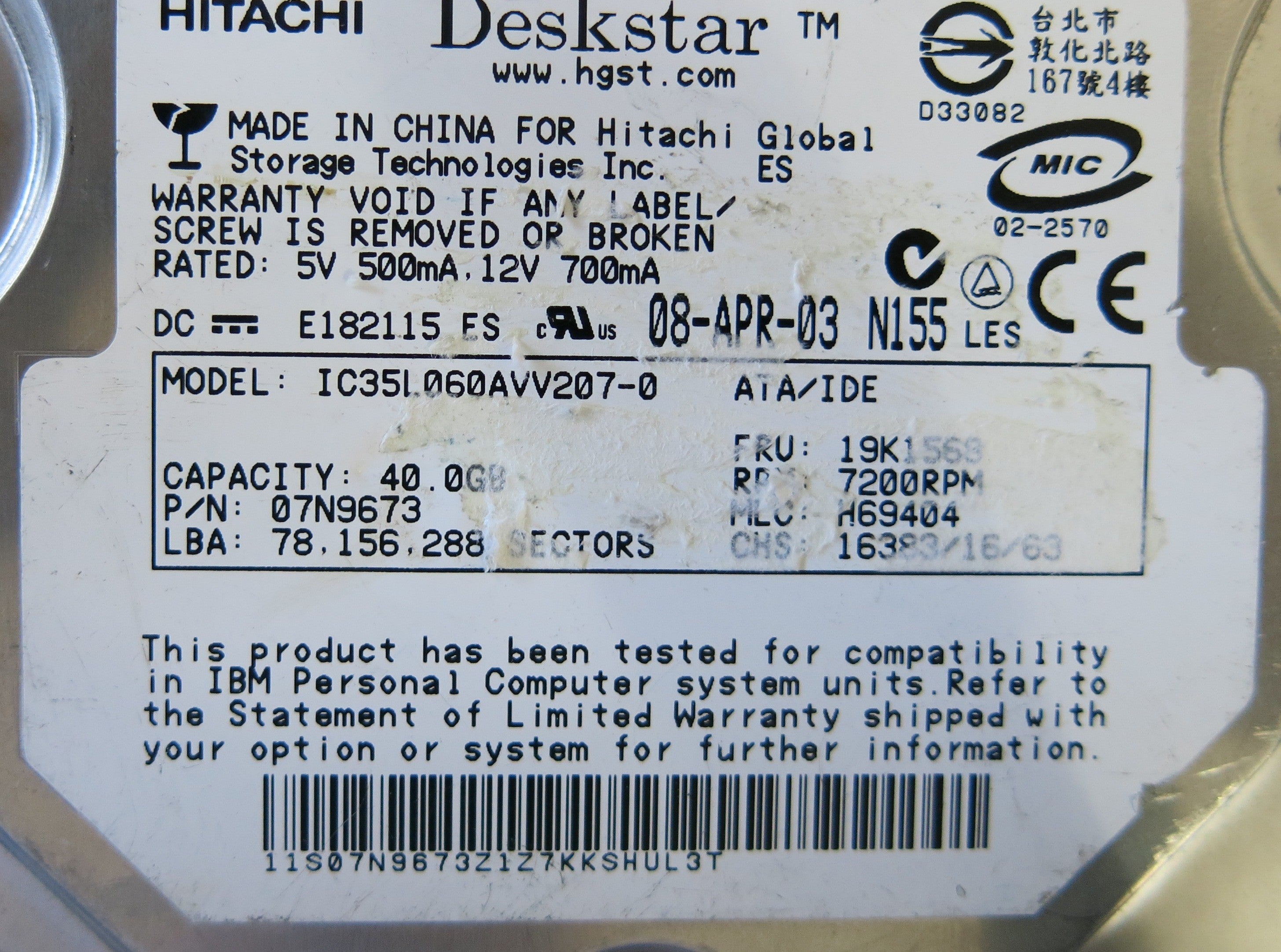 HITACHI IC35L060AVV207-0 P/N 07N9673 PCB F 36H6529 01