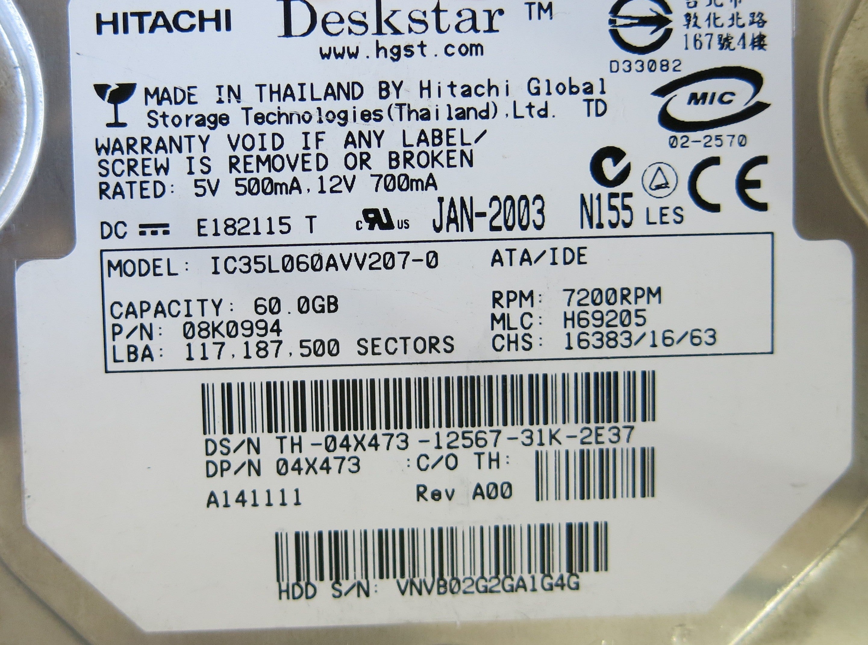 HITACHI IC35L060AVV207-0 P/N 08K0994 PCB F 36H6529 01