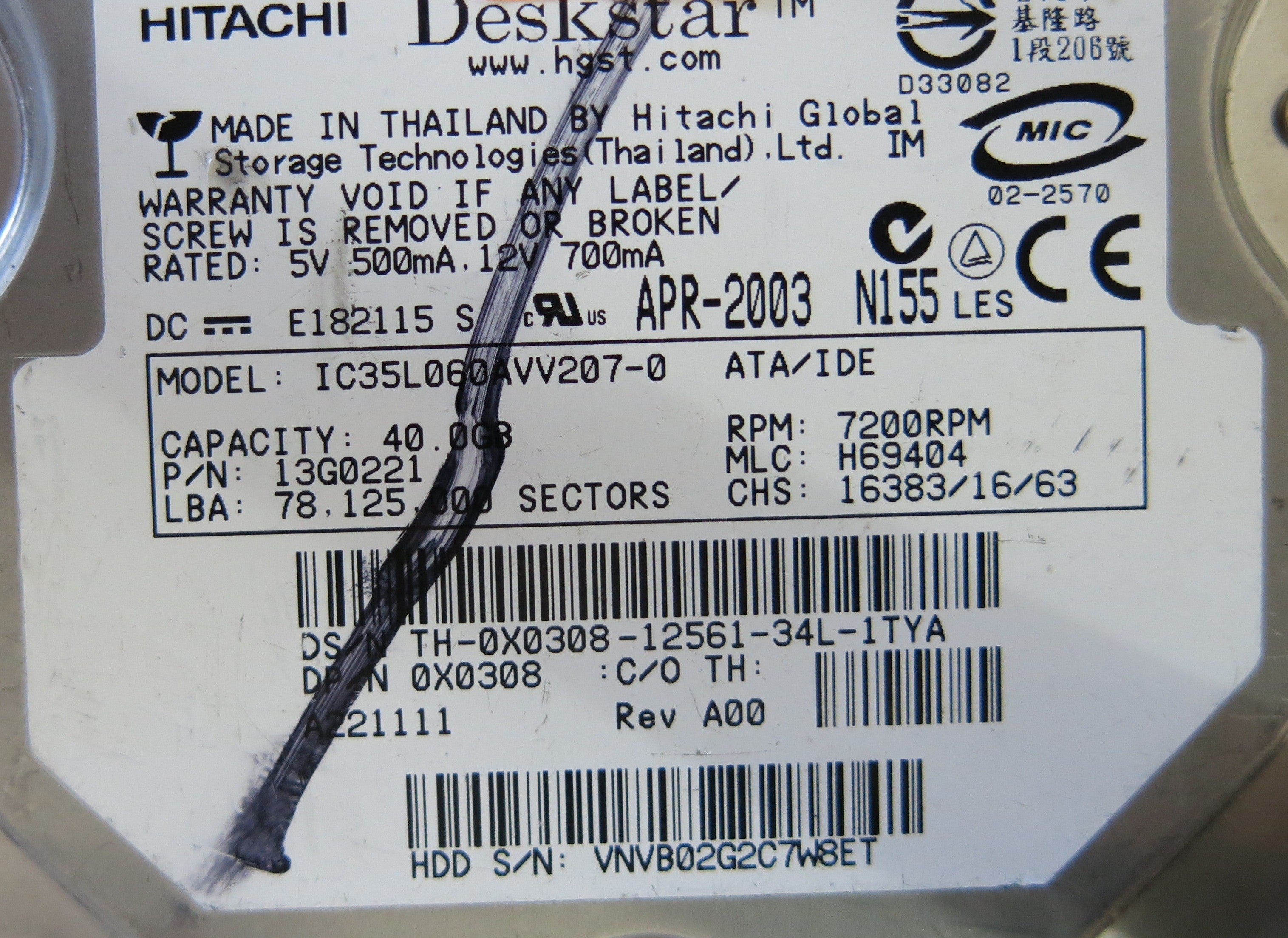 HITACHI IC35L060AVV207-0 P/N 13G0221 F 36H6529 01 PCB