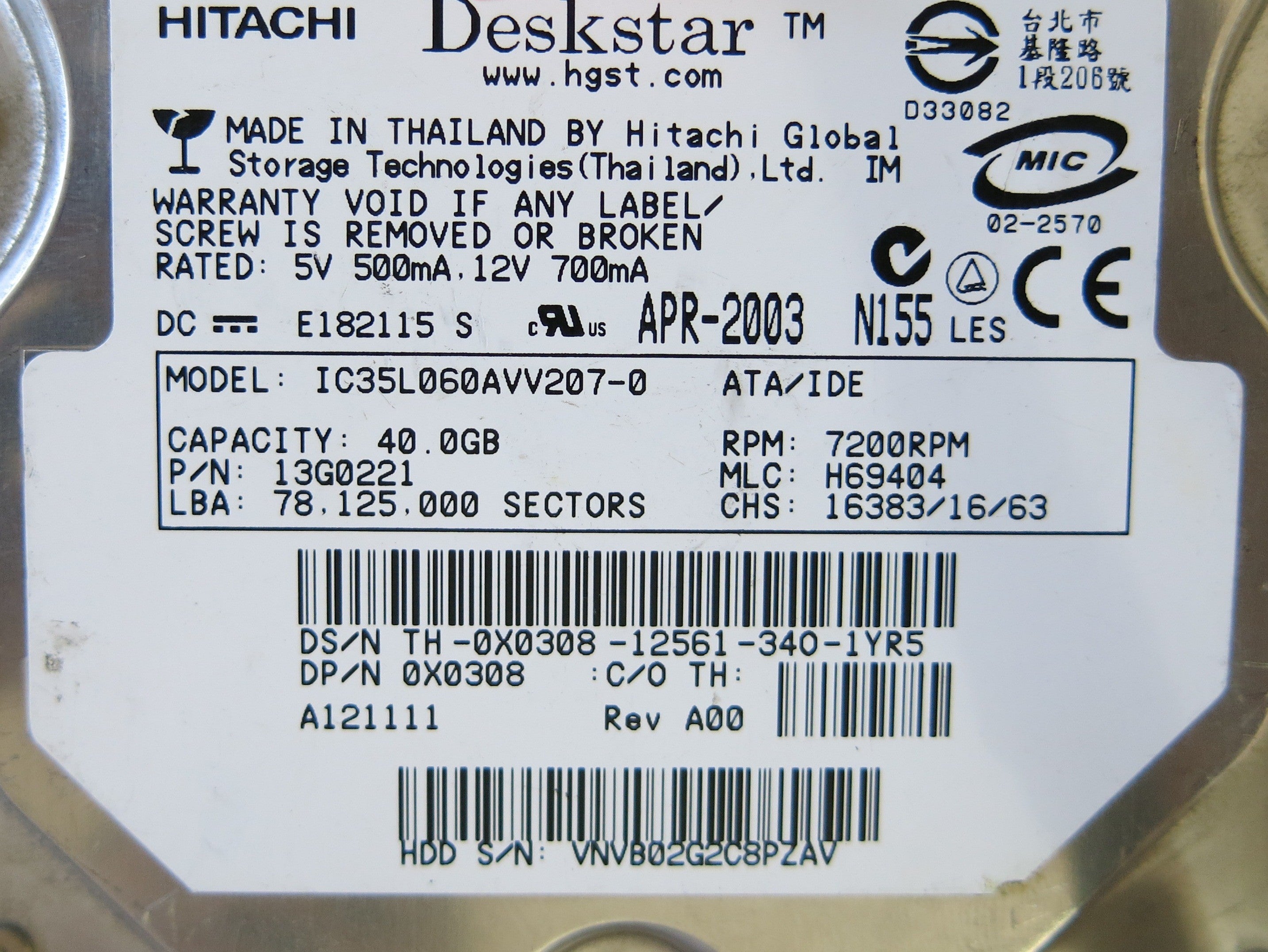 HITACHI IC35L060AVV207-0 P/N 13G0221 PCB F 36H6529 01