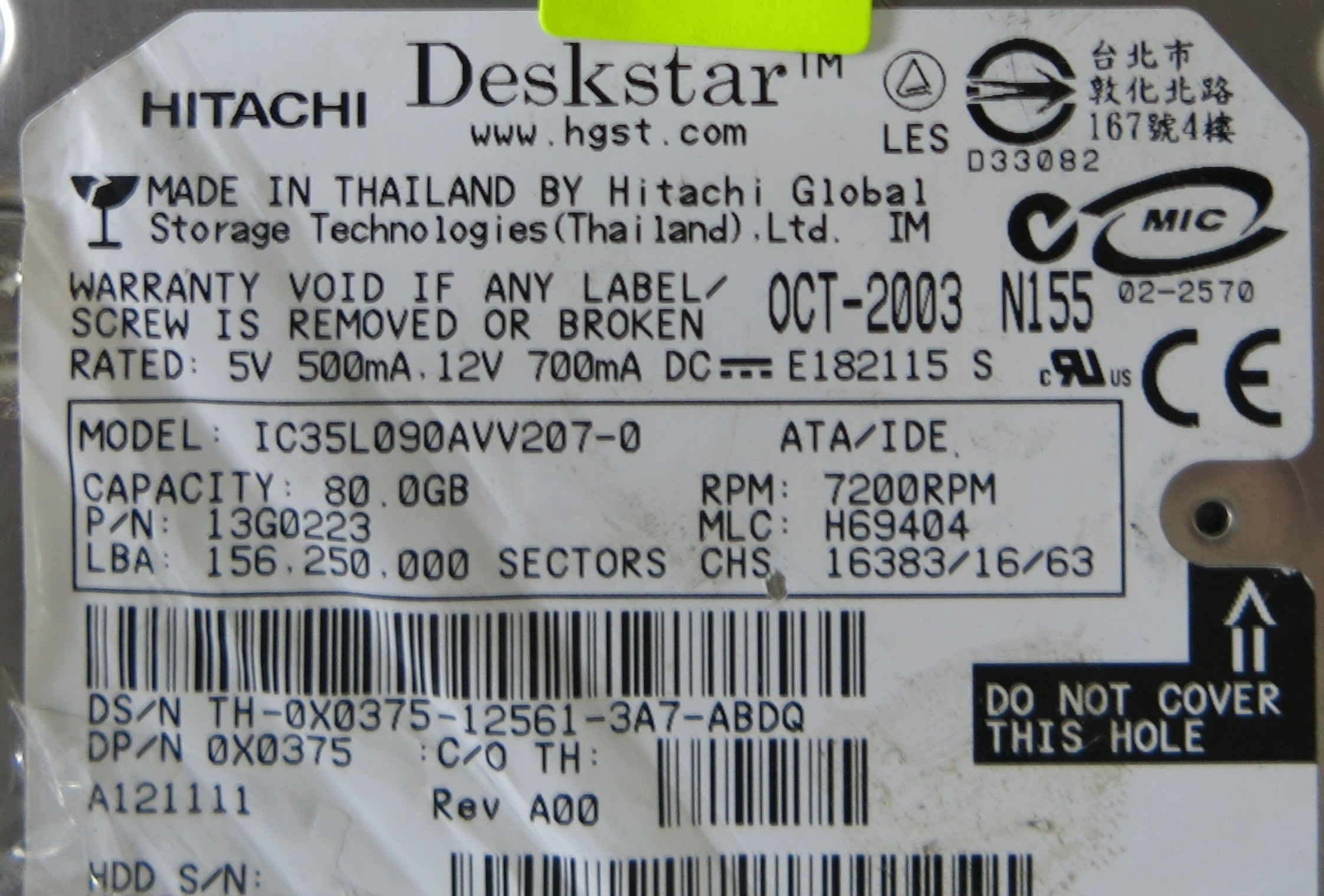 HITACHI IC35LO90AVV207-0 P/N 13G0223 B 36H6529 01