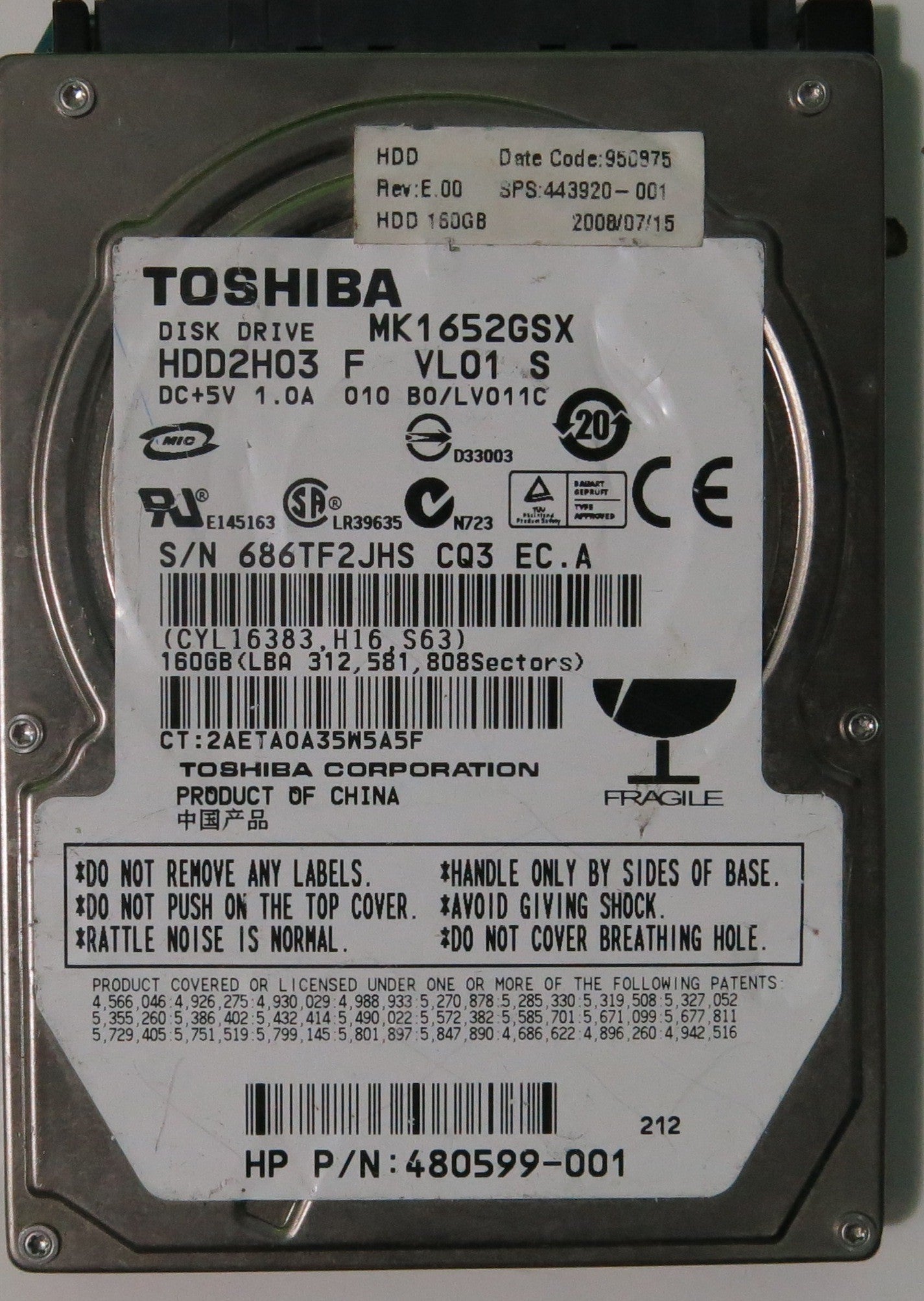 HITACHI MK1652GSX HDD2H03 F VL01 S PCB G002217A,  160.GB