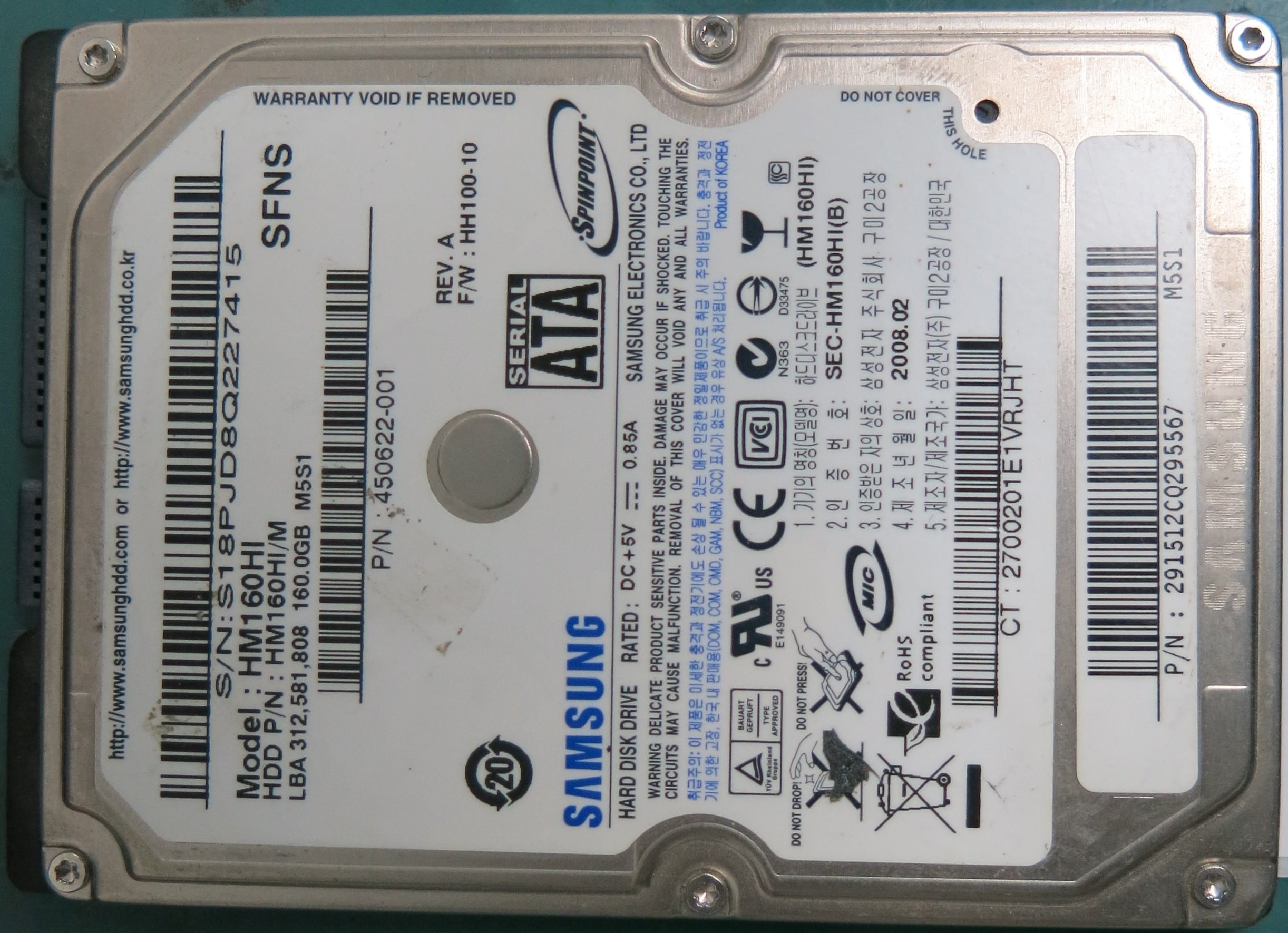 HM160HI, S18PJD8Q227415, 160GB 2.5