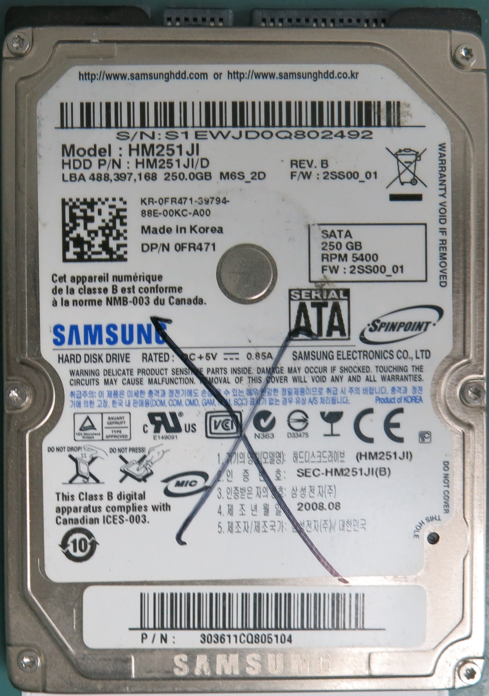 HM251JI, S1EWJD0Q802492, 250GB 2.5