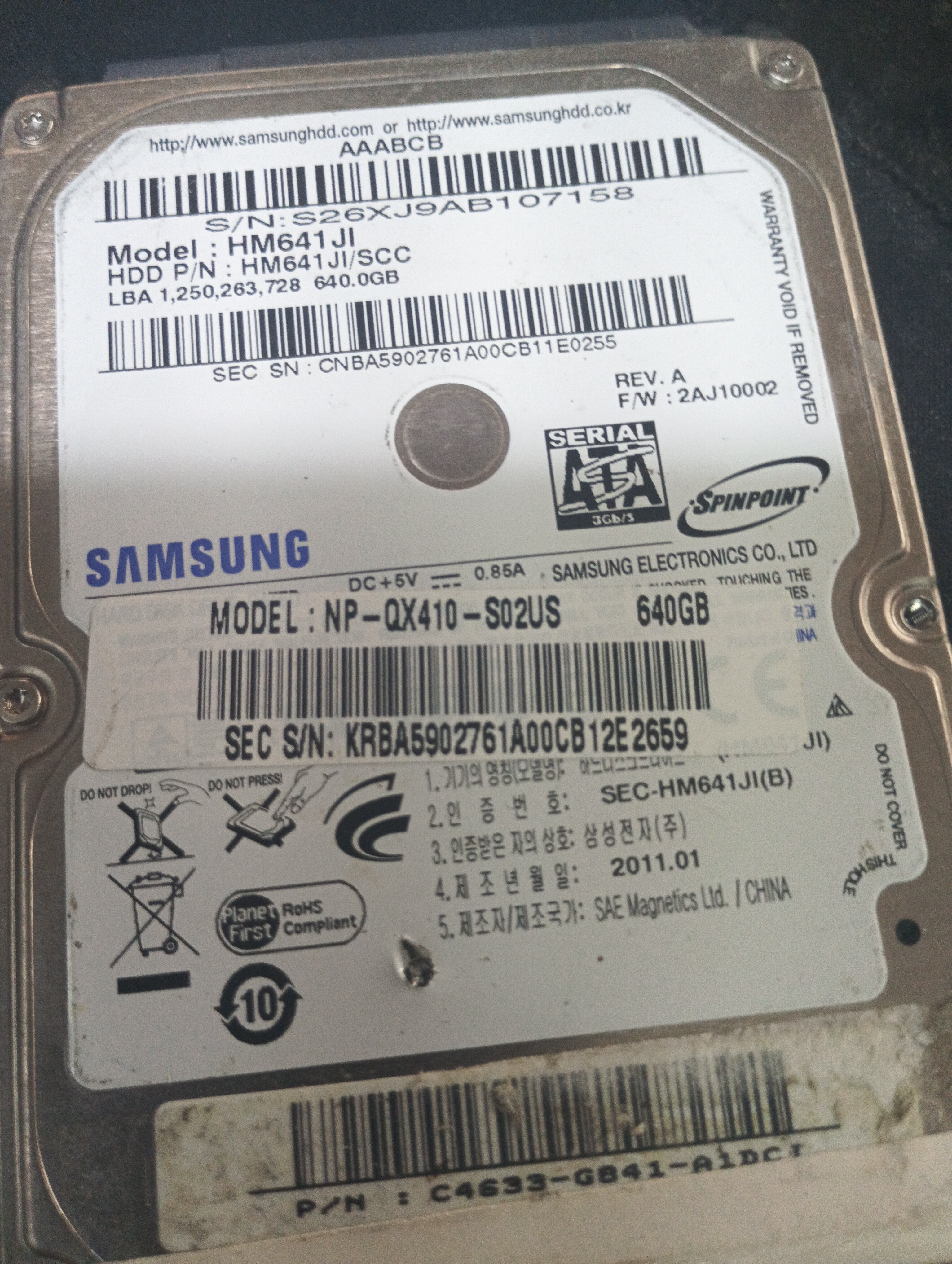 HM641JI,  P/N: HM641JI,  Serial: S26XJ9AB107158,  640GB 2.5