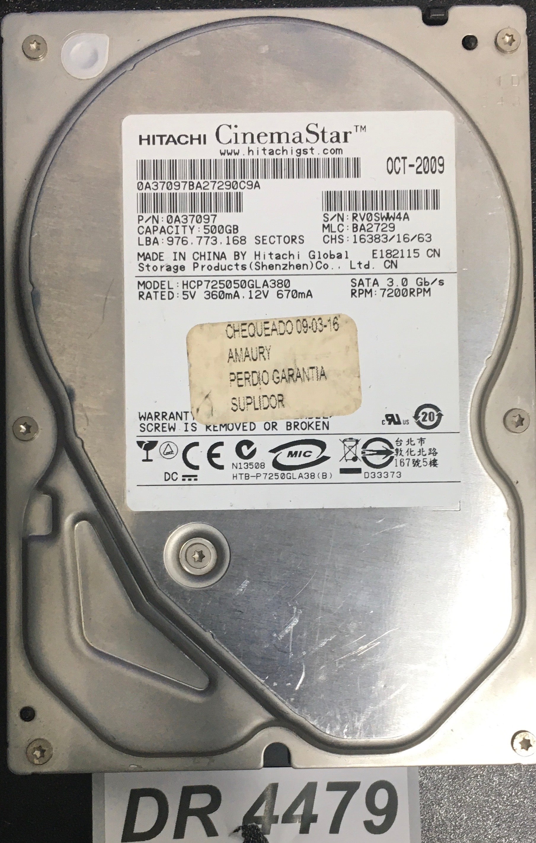 HPC725050GLA380  Serial:RV0SWW4A   500GB 3.5  PCB: 110 0A90026 01 REV A