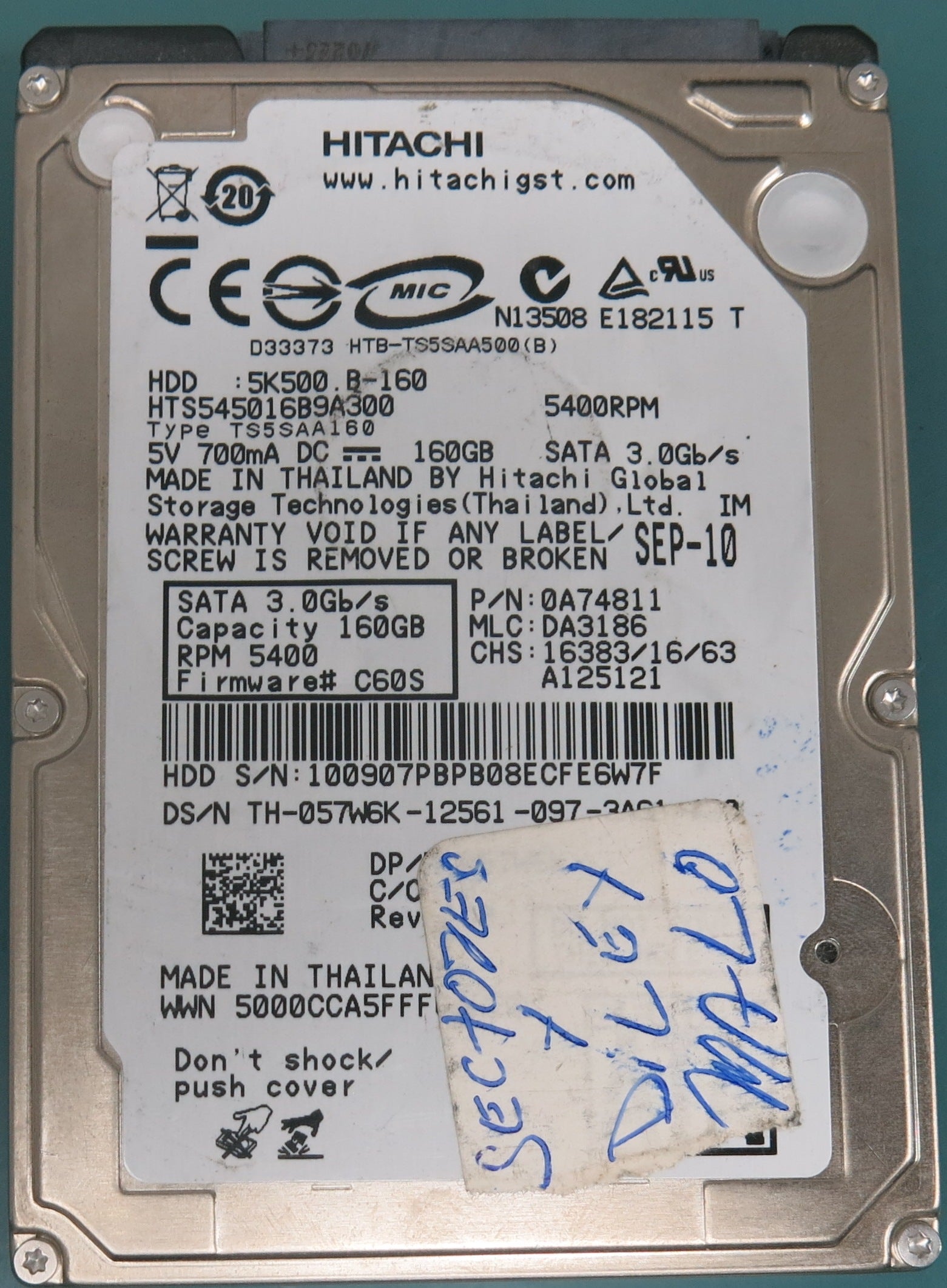HTS 545016B9A300, P/N: 0A74811, MLC:  DA3186, 160GB 3.5