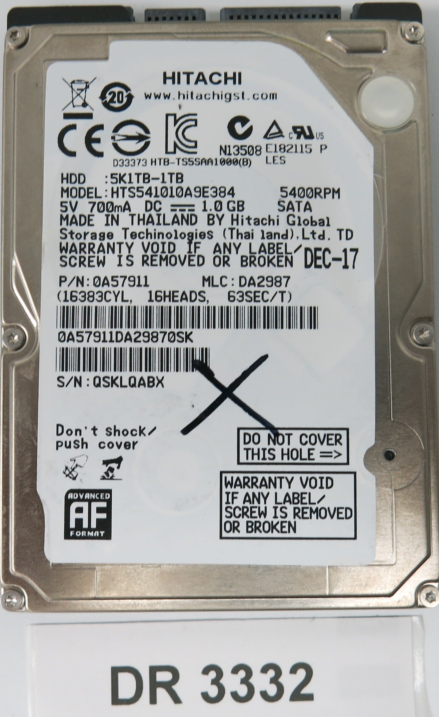 HTS541010A9E384, Serial Number: QSKLABX, P/N: 0A57911, MLC: DA2987, 1TB 3.5, PCB: 220 0A90002 01