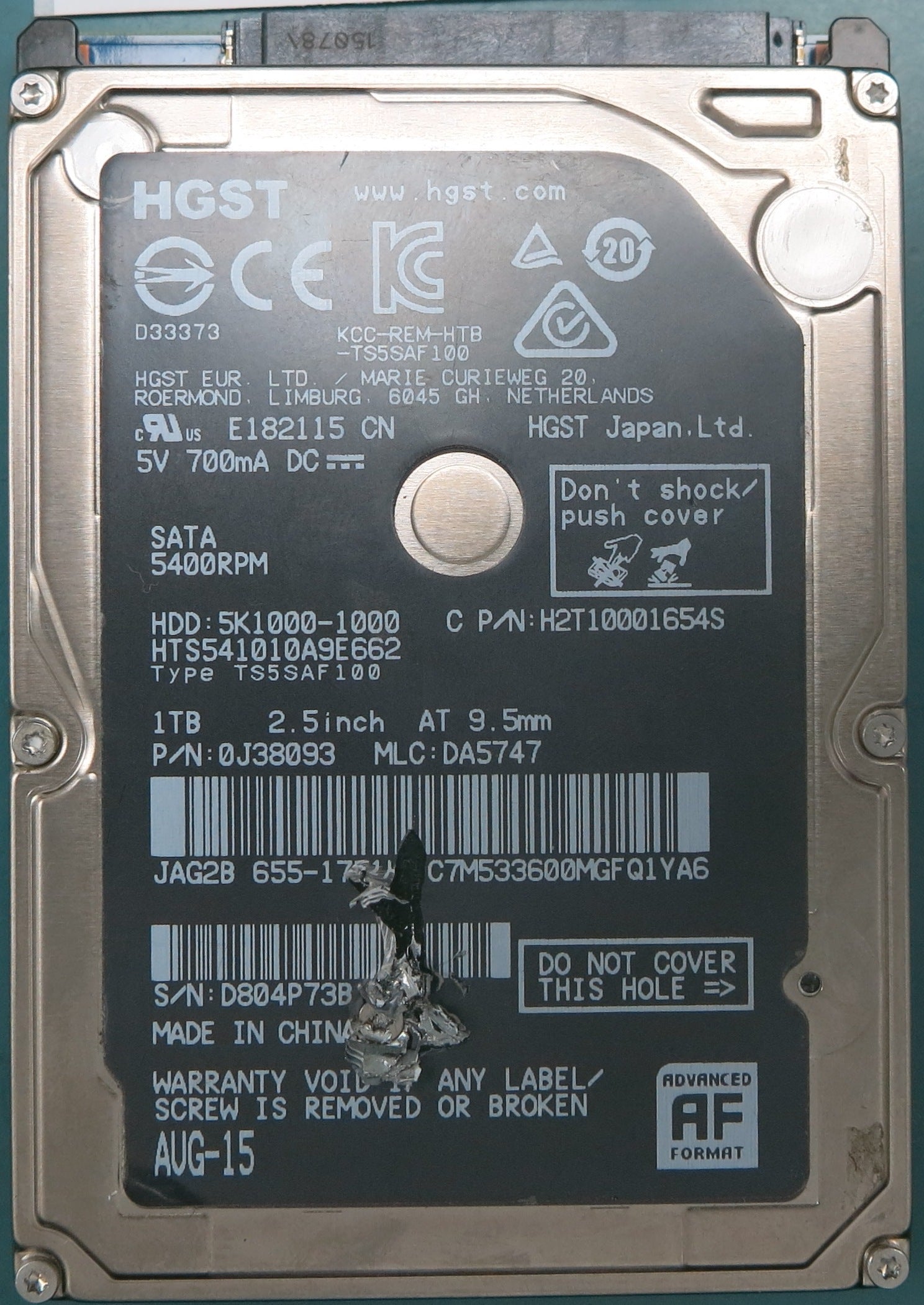 HTS541010A9E662, P/N: 0J38093, MLC: DA5747, 1000GB 2.5