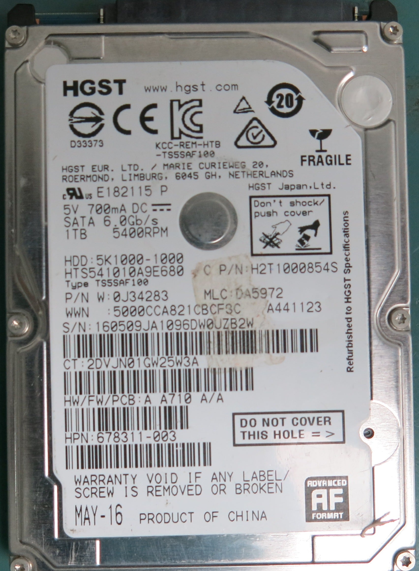 HTS541010A9E680, Serial Number: 160509JA1096DW0UZB2W, P/N: 0J34283, MLC: DA5972, 1000GB 2.5