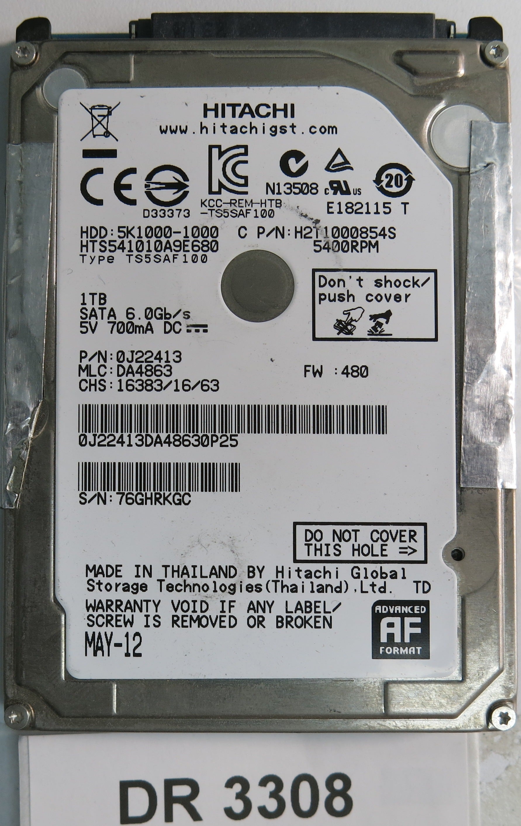 HTS541010A9E680, Serial Number: 76GHRKGC, P/N: 0J22413, MLC: DA4863, 1TB 3.5, PCB: 220 0A90351 01