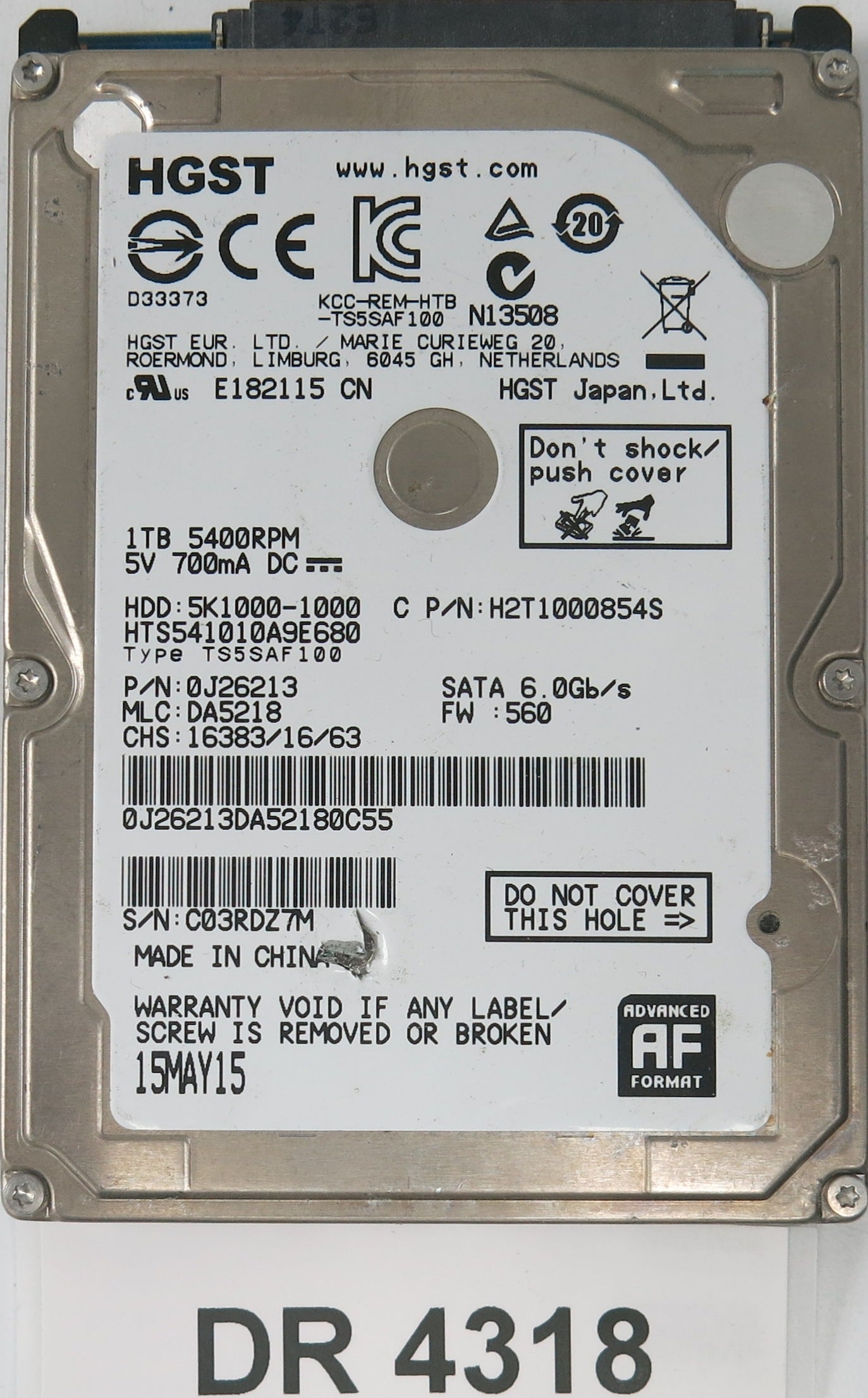 HTS541010A9E680, Serial Number: C03RDZ7M, P/N: 0J26213, MLC: DA5218, 1TB 3.5