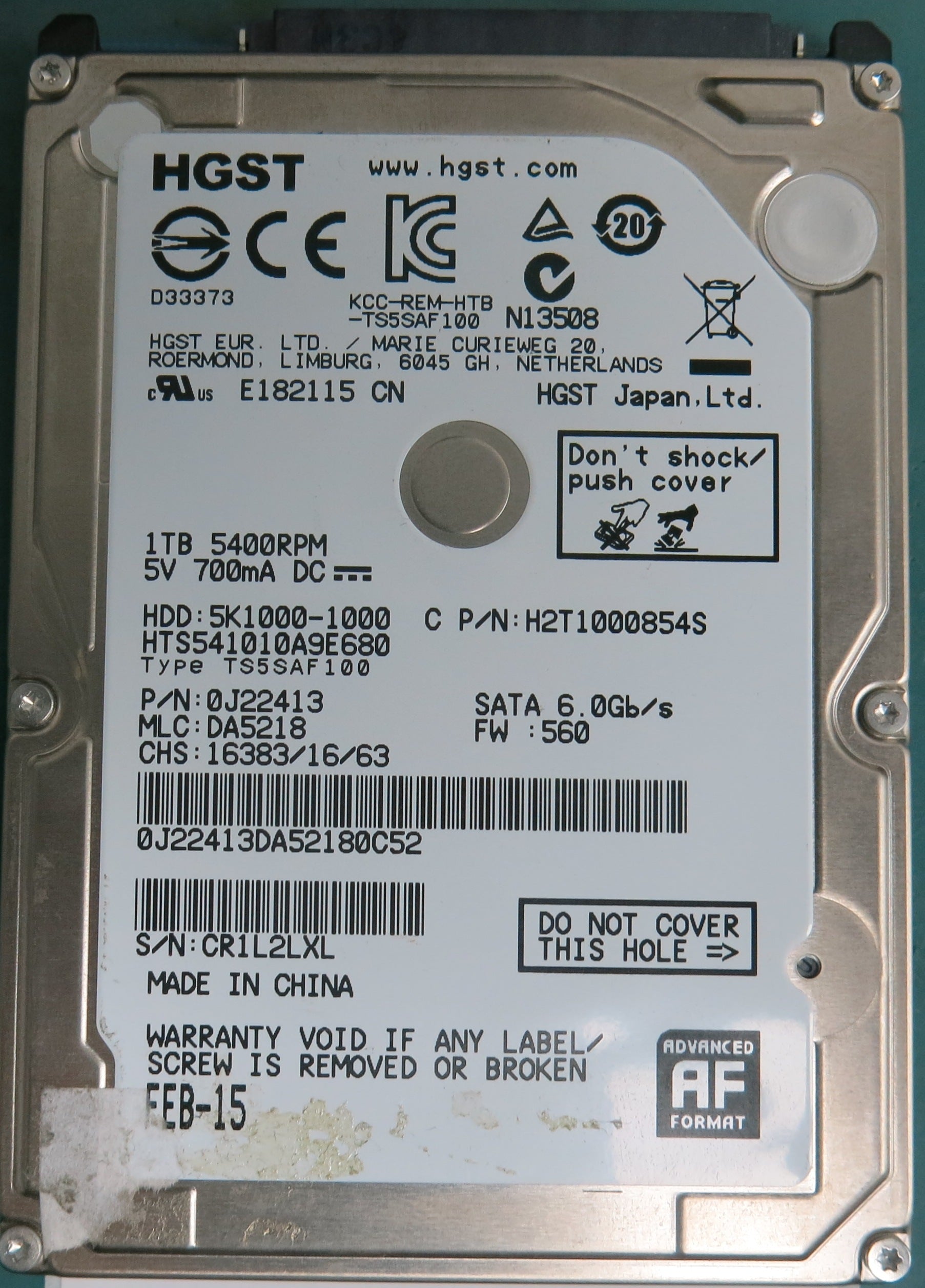 HTS541010A9E680, Serial Number: CR1L2LXL, P/N: 0J22413, MLC: DA5218, 1TB 2.5