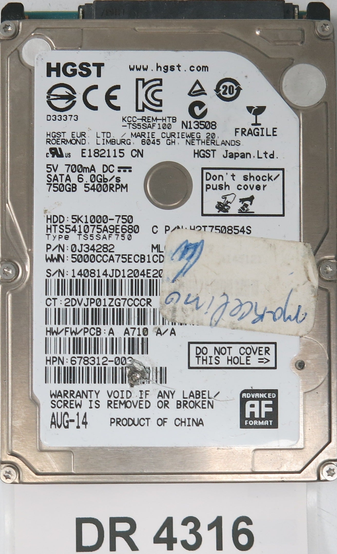 HTS541075A9E680, Serial Number: 140814JD1204E20, P/N: 0J34282, 750GB 3.5, PCB: 220 0A90351 01