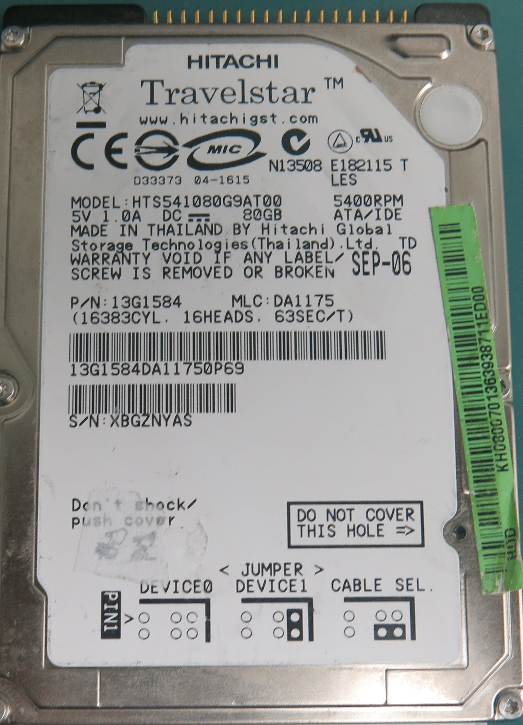 HTS541080G9AT00, Serial Number: XBGZNYAS, P/N: 13G1584, MLC: DA1175, 80GB 3.5, PCB: 320 0A21010 01
