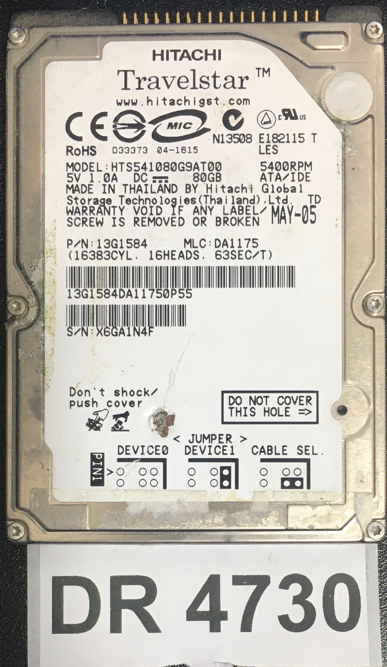 HTS541080G9AT00,  Serial: X6GA1N4F,  80GB 2.5,  PCB : 320 0A21010 01,