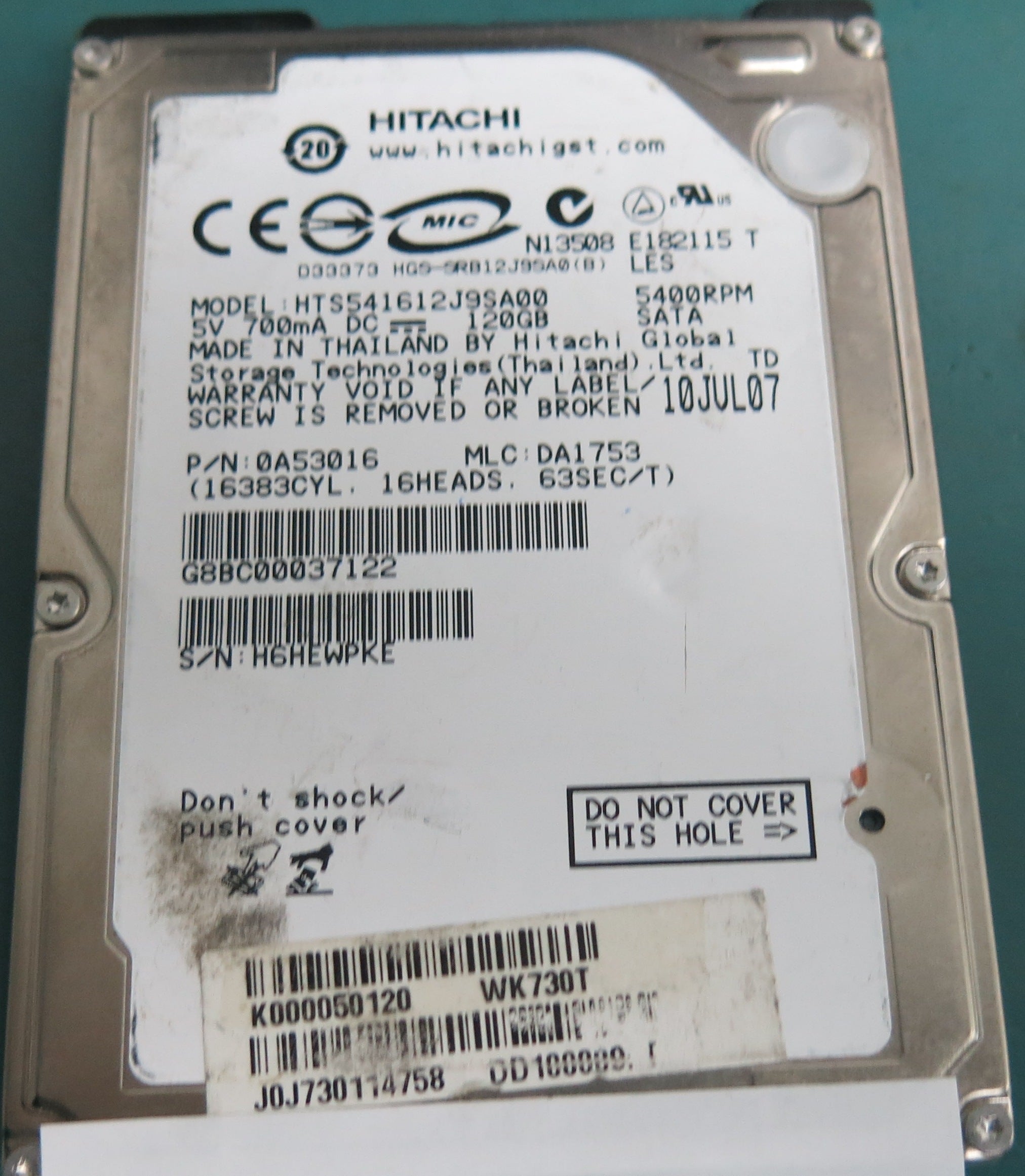 HTS541612J9SA00, P/N: 0A53016, MLC: DA1753, 120GB 2.5