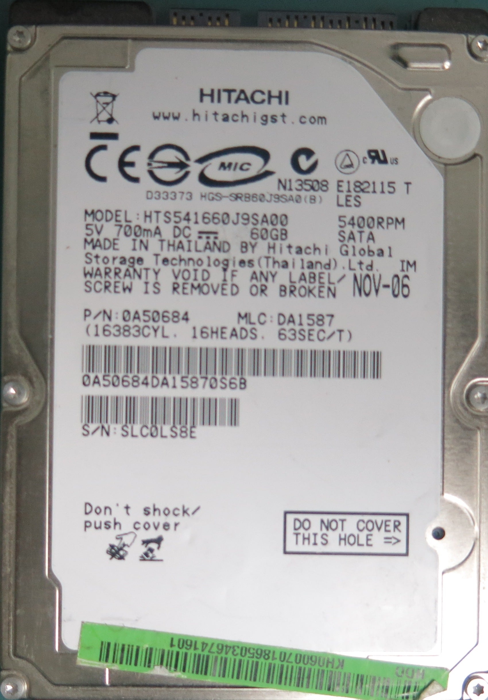 HTS541660J9SA00, Serial Number: SLCOLS8E, P/N: 0A50684, MLC: DA1587, 60GB 3.5, PCB: 220 0A28613 01