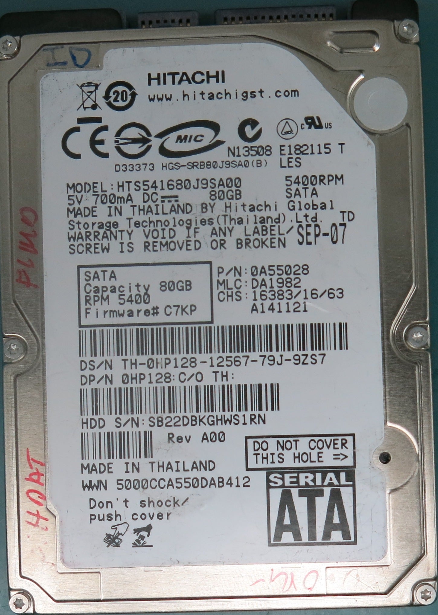 HTS541680J9SA00, P/N: 0A55028, MLC: DA1982, 80GB 2.5