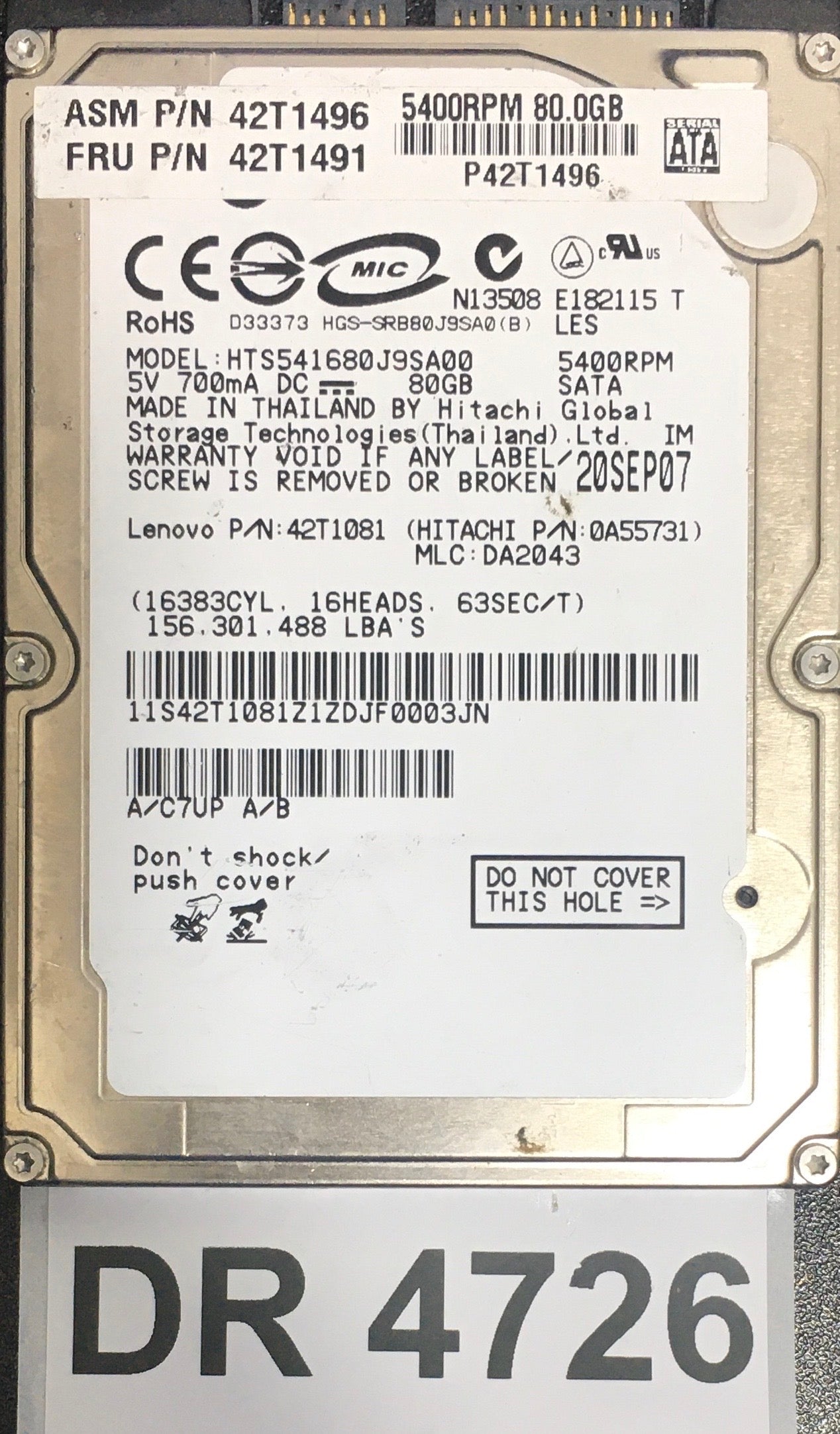 HTS541680J9SA00,  Serial: 11S42T1081Z1ZDJF0003JN,  80GB 2.5,  PCB : 220 0A28613 01,