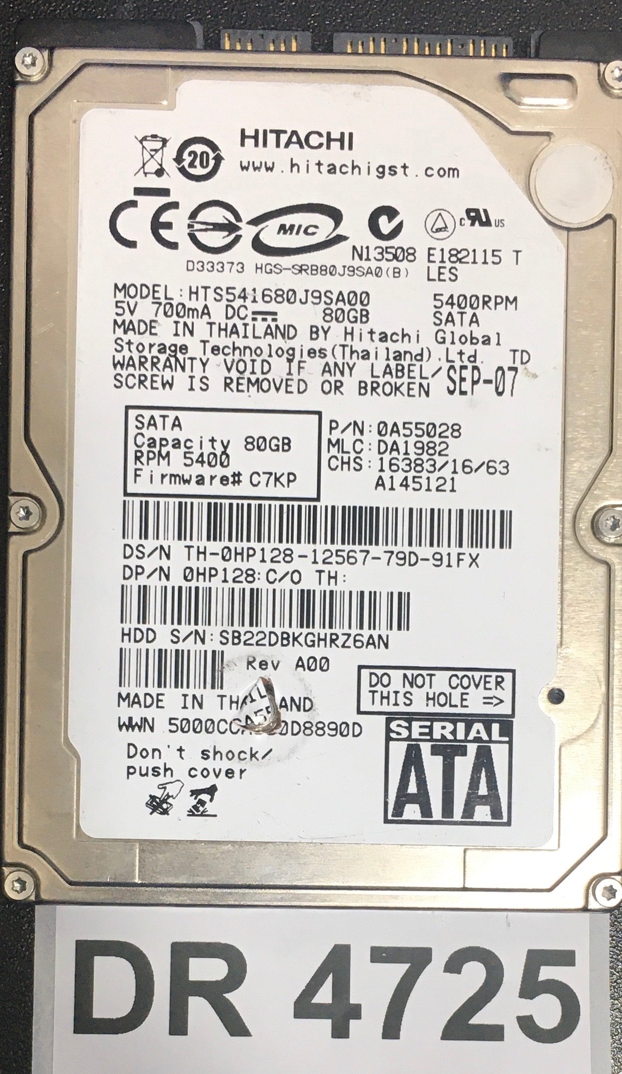 HTS541680J9SA00,  Serial: SB22DBKGRZ6SN,  80GB 2.5,  PCB : 220 0A52018 01,
