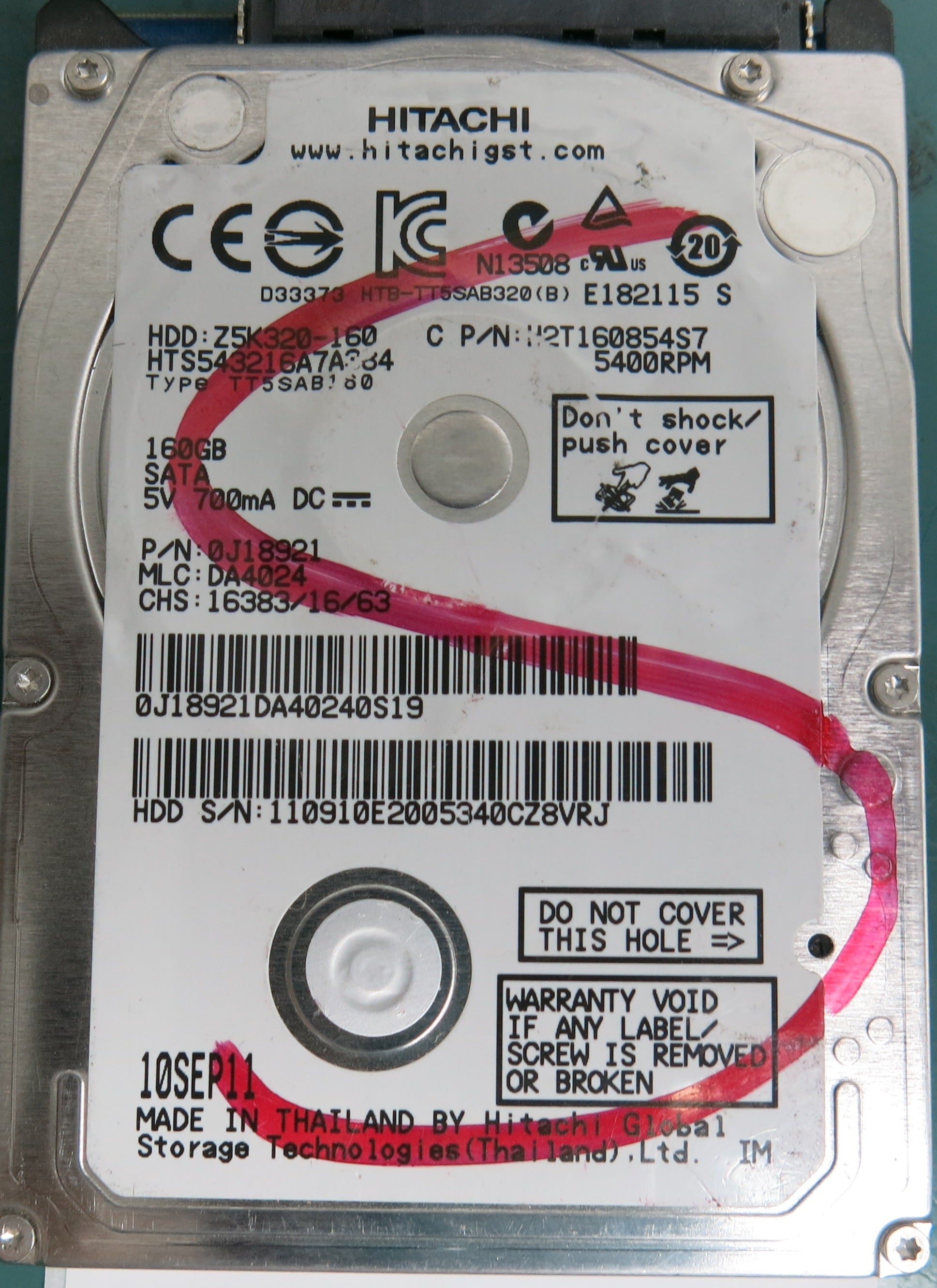 HTS543216A7384, Serial Number: 110910E2005340CZ8VRJ, P/N: 0J18921, MLC: DA4024, 160GB 2.5