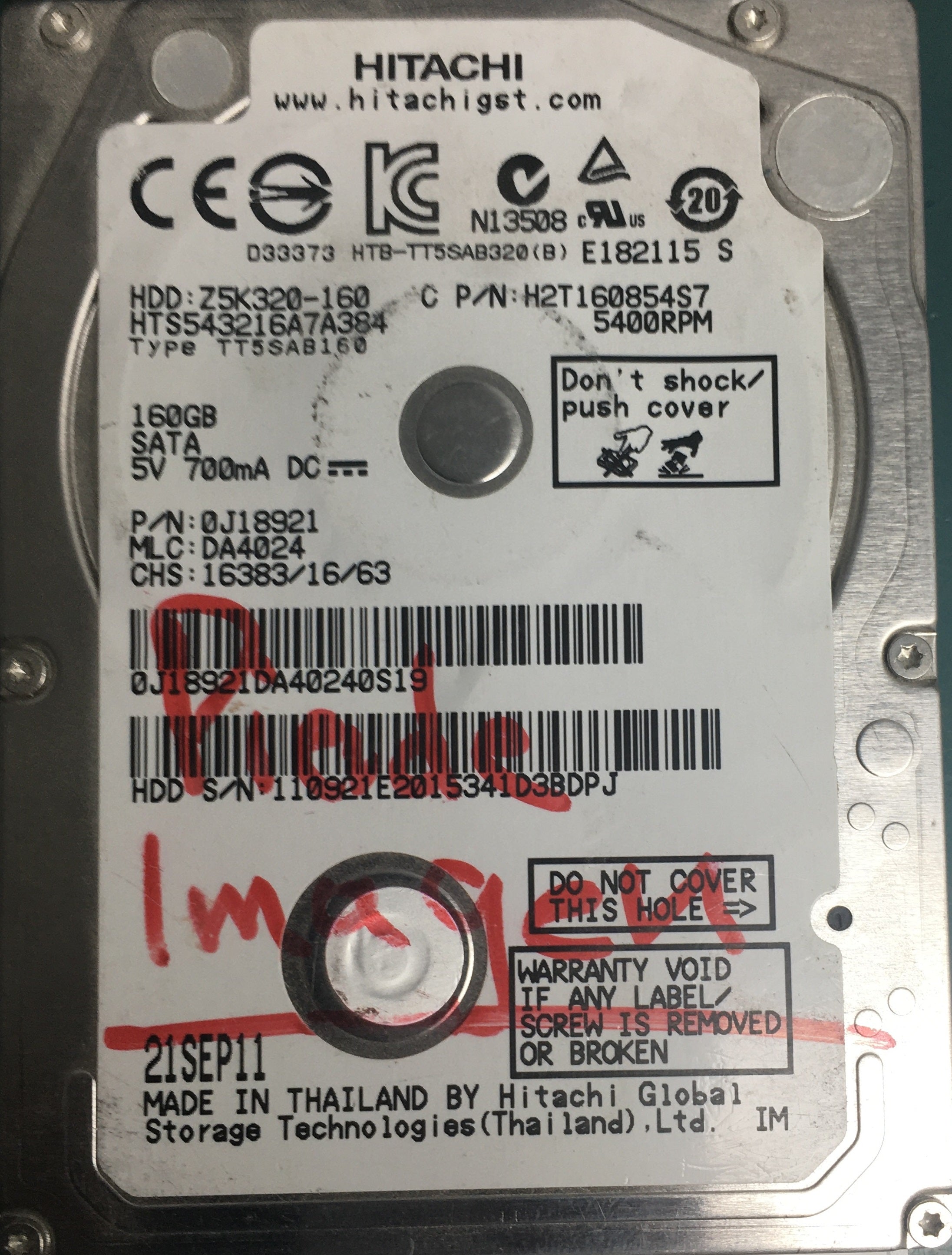 HTS543216A7A384, P/N 07N74010J18921, MLC  DA4024 160GB 2.5