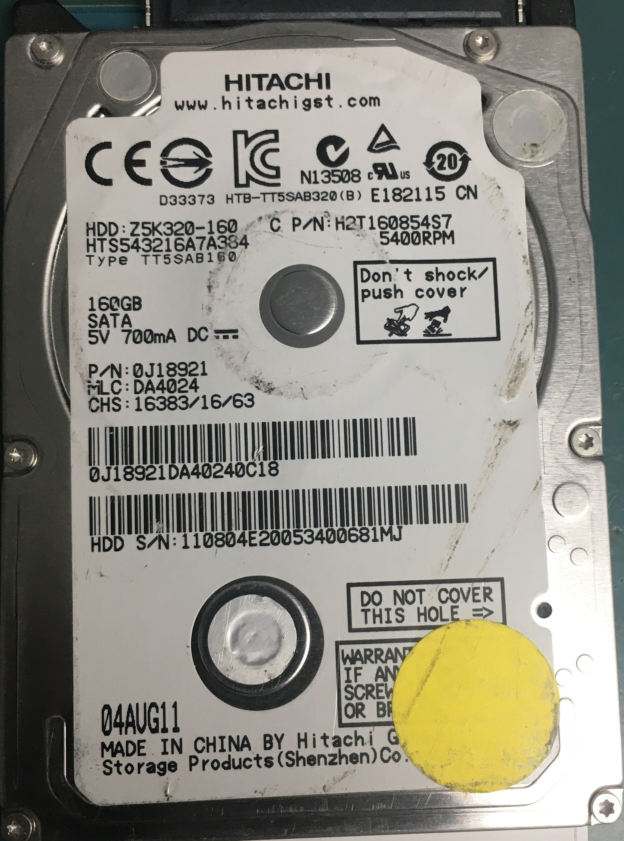 HTS543216A7A384, P/N 0J18921, MLC  DA4024 160GB 2.5