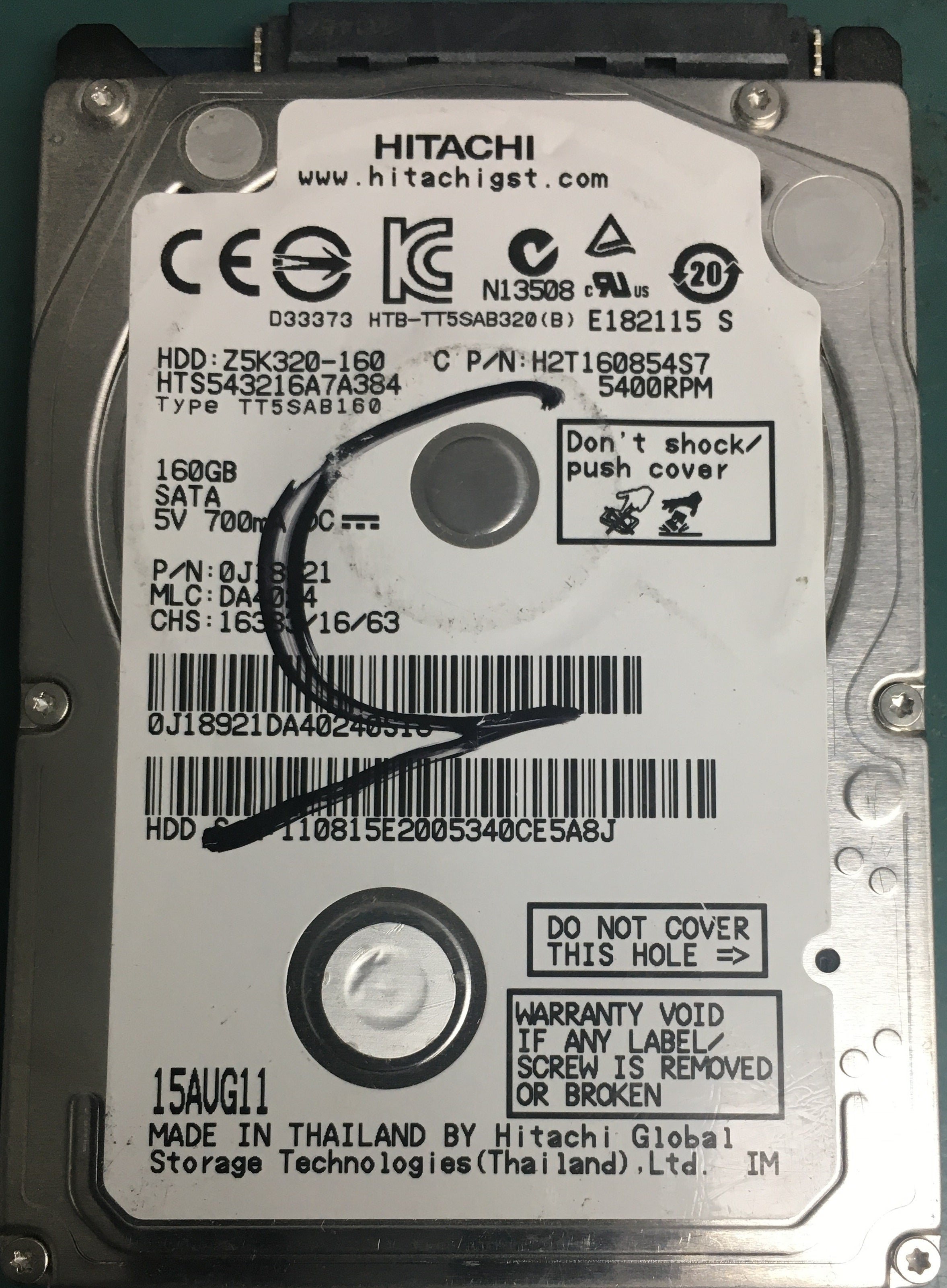 HTS543216A7A384, P/N 0J1B21, MLC DA4024, 160GB 2.5
