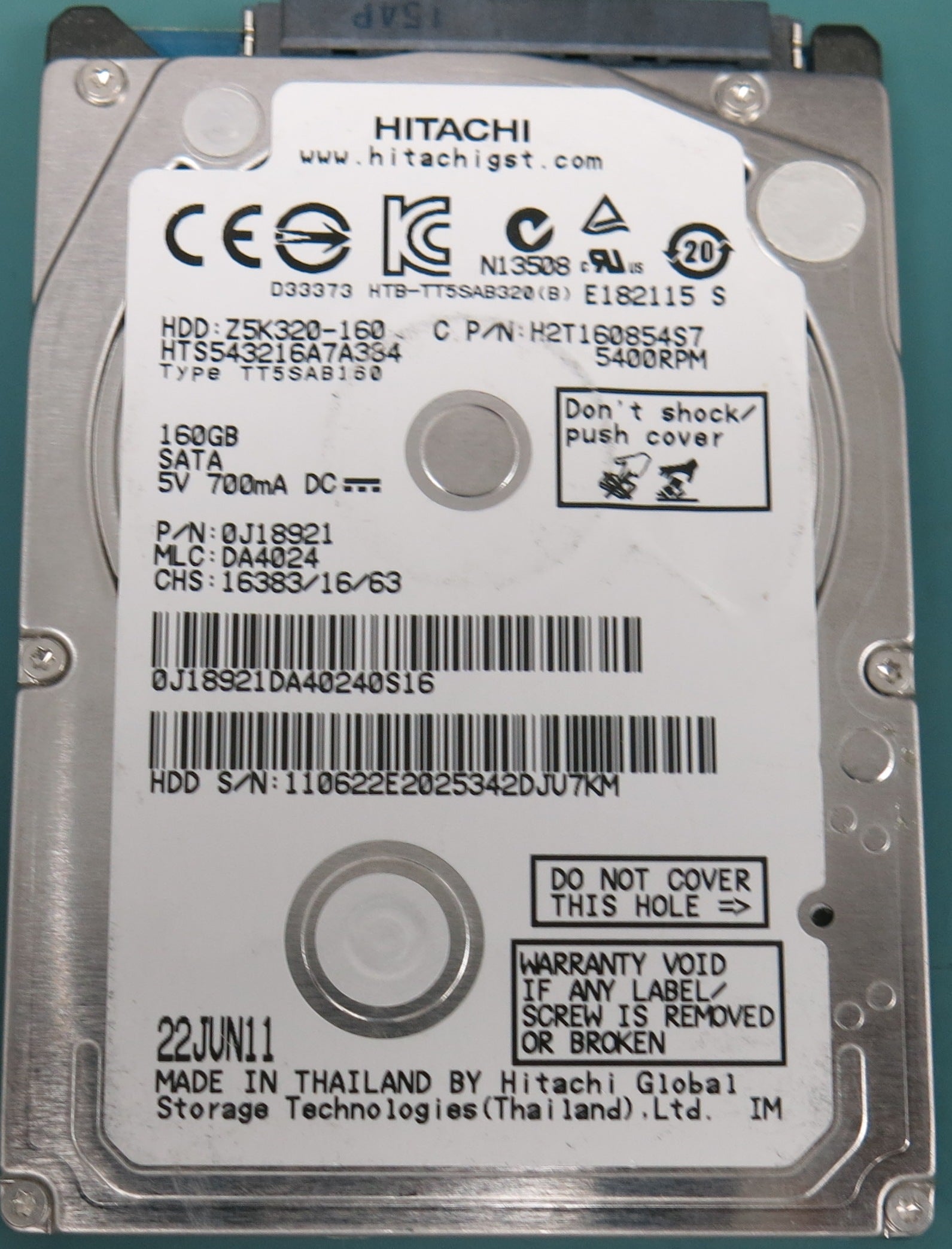 HTS543216A7A384, P/N: 0J18921, MLC:  DA4024, 160GB 2.5