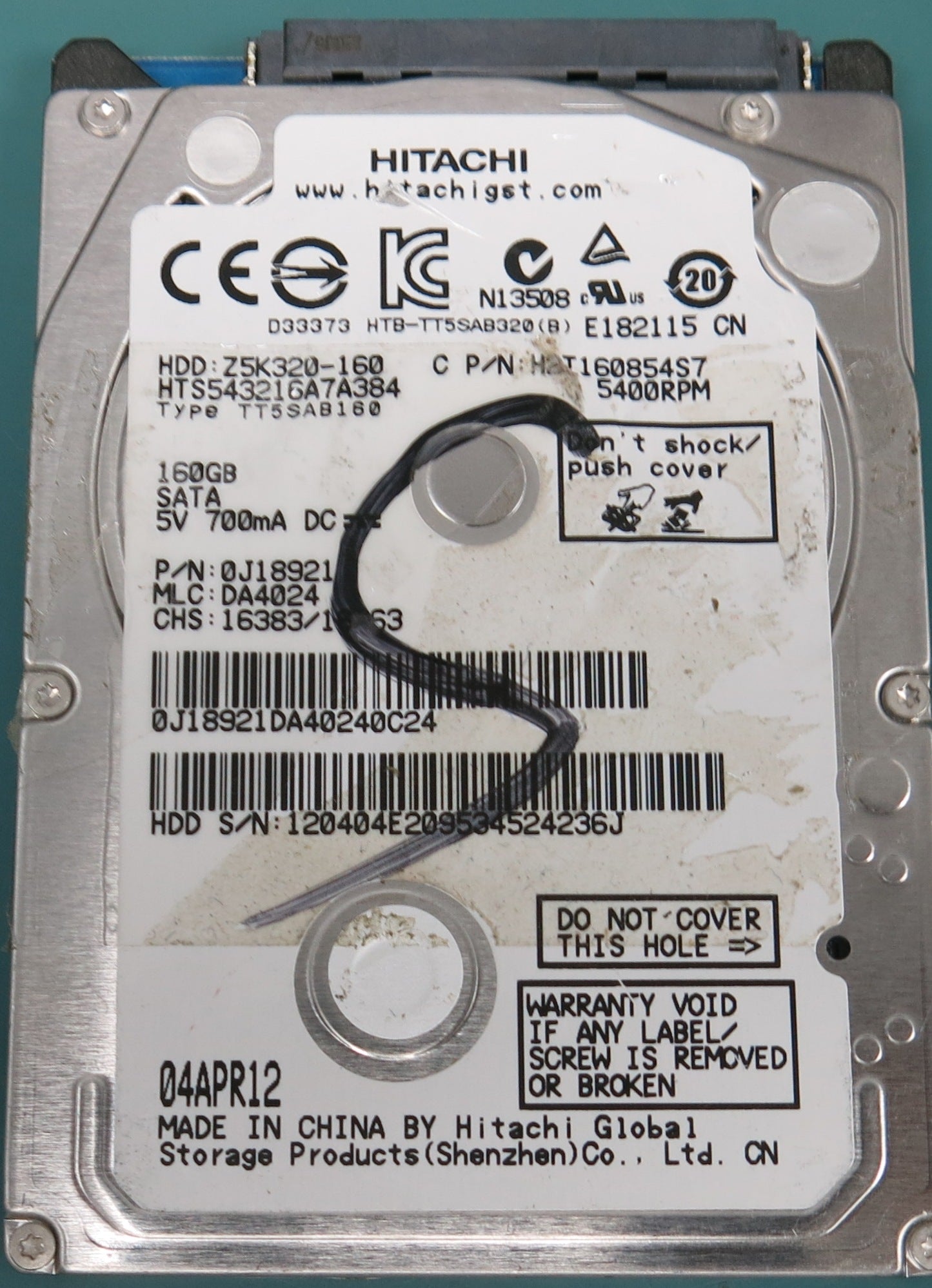 HTS543216A7A384, P/N: 0J18921, MLC:  DA4024, 160GB 2.5