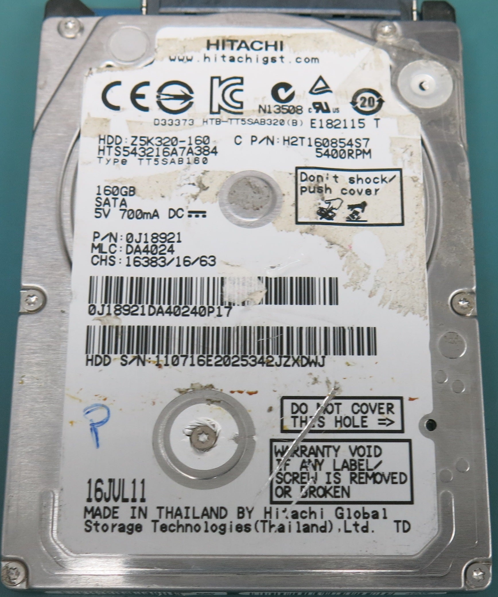 HTS543216A7A384, P/N: 0J18921, MLC:  DA4024, 160GB 2.5