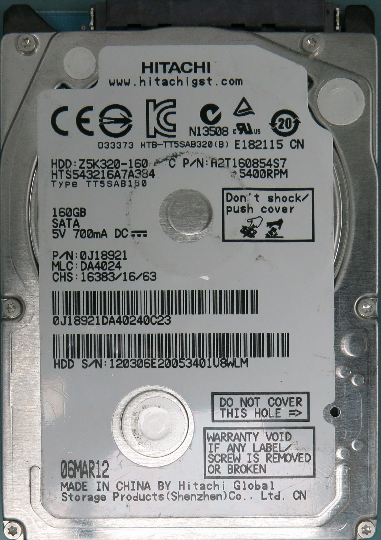 HTS543216A7A384, P/N: 0J18921, MLC: DA4024, 160GB 2.5