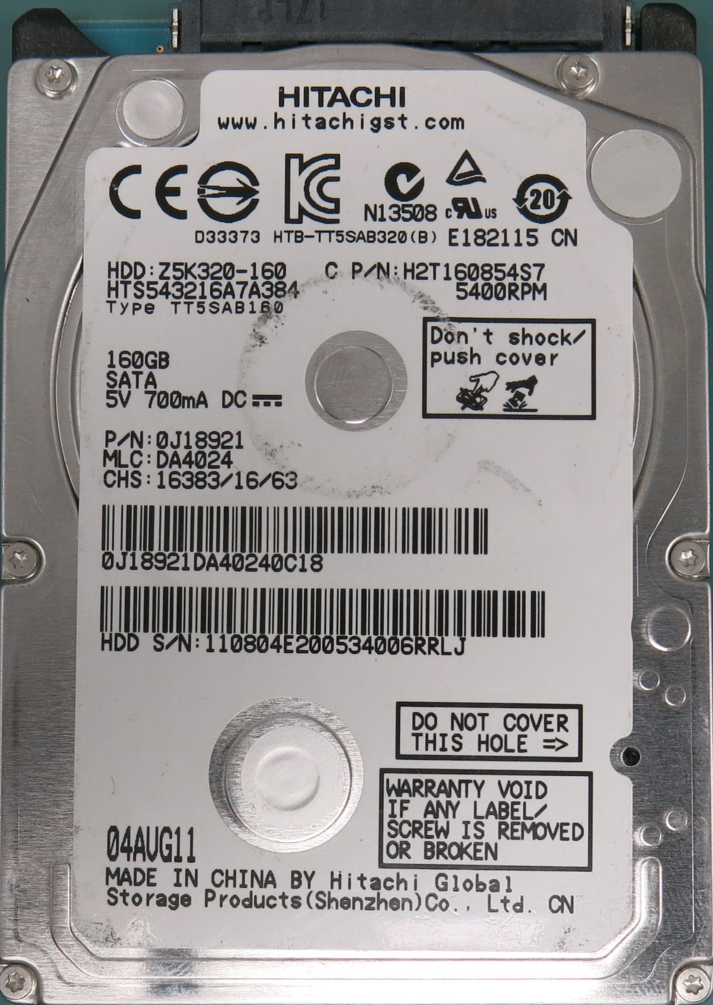 HTS543216A7A384, P/N: 0J18921, MLC: DA4024, 160GB 2.5