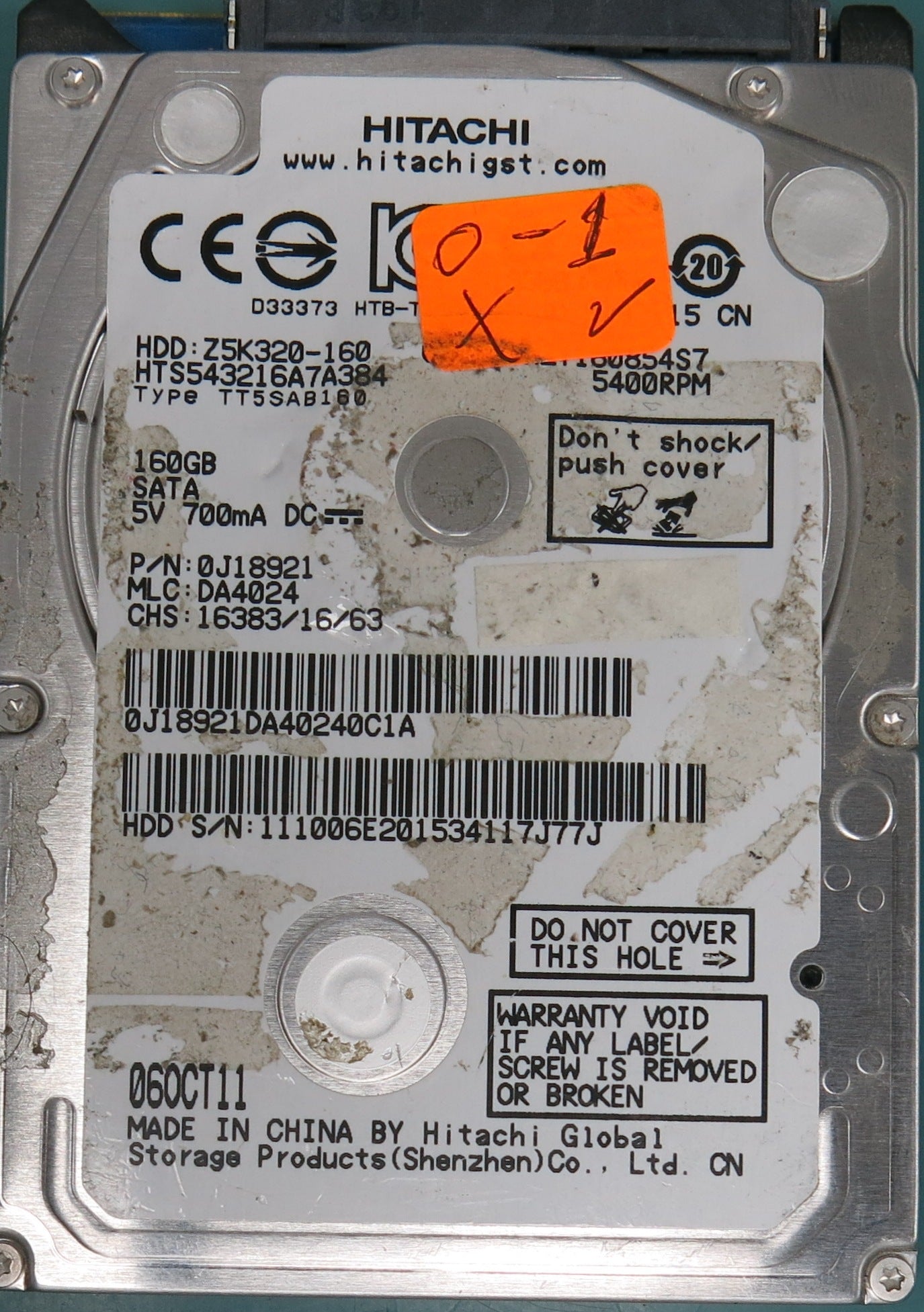 HTS543216A7A384, P/N: 0J18921, MLC: DA4024, 160GB 2.5