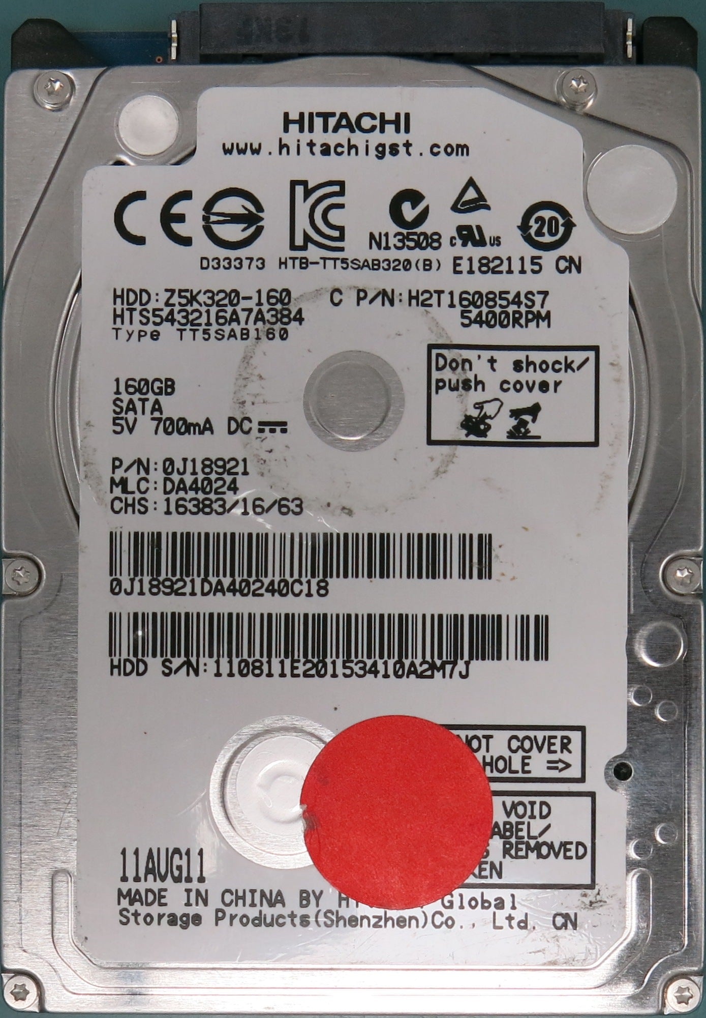 HTS543216A7A384, P/N: 0J18921, MLC: DA4024, 160GB 2.5