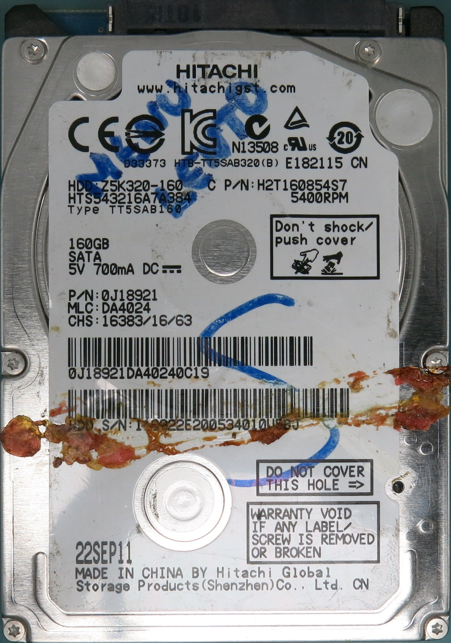 HTS543216A7A384, P/N: 0J18921, MLC: DA4024, 160GB 2.5