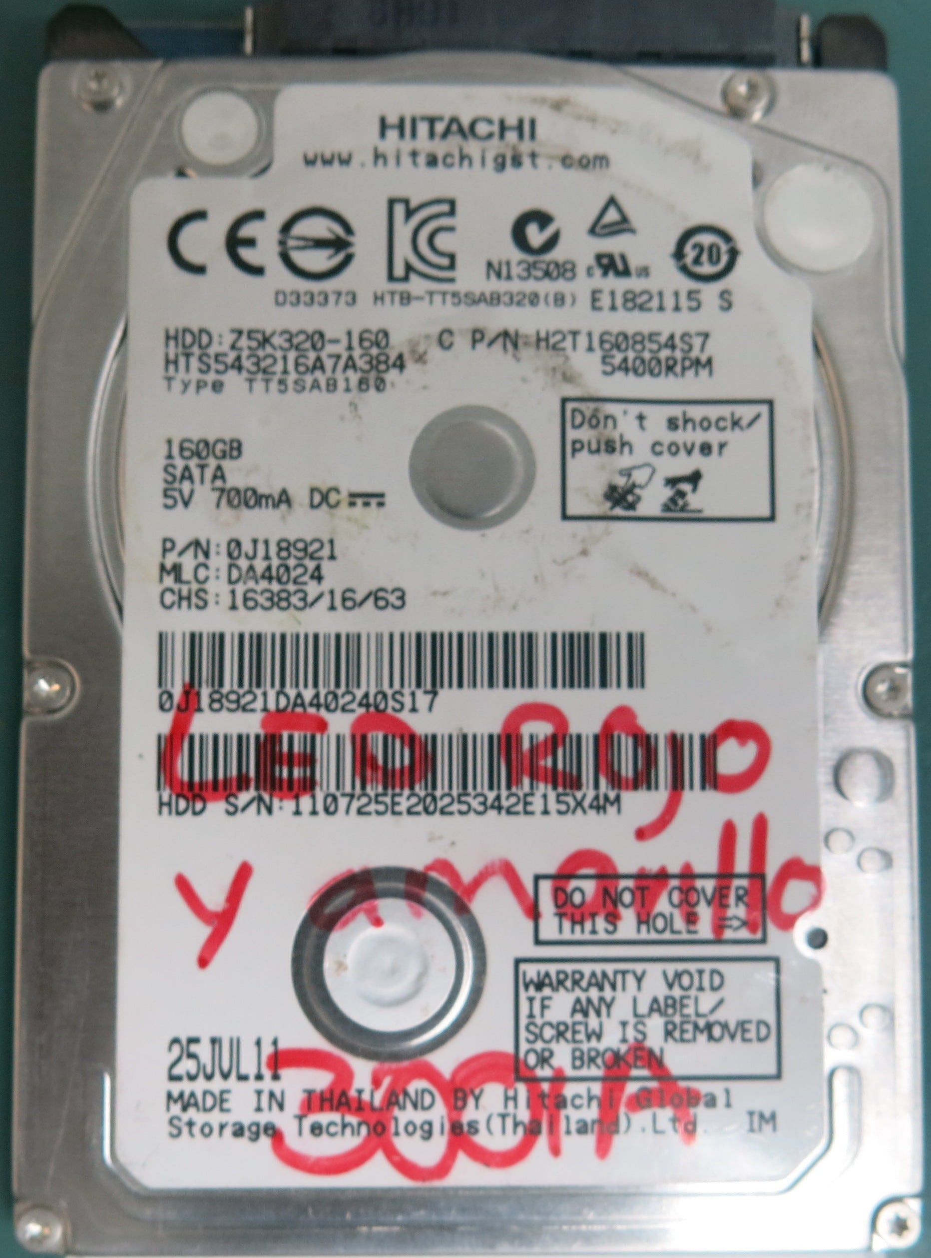 HTS543216A7A384, P/N: 0J18921, MLC:  DA4024, 160GB 2.5