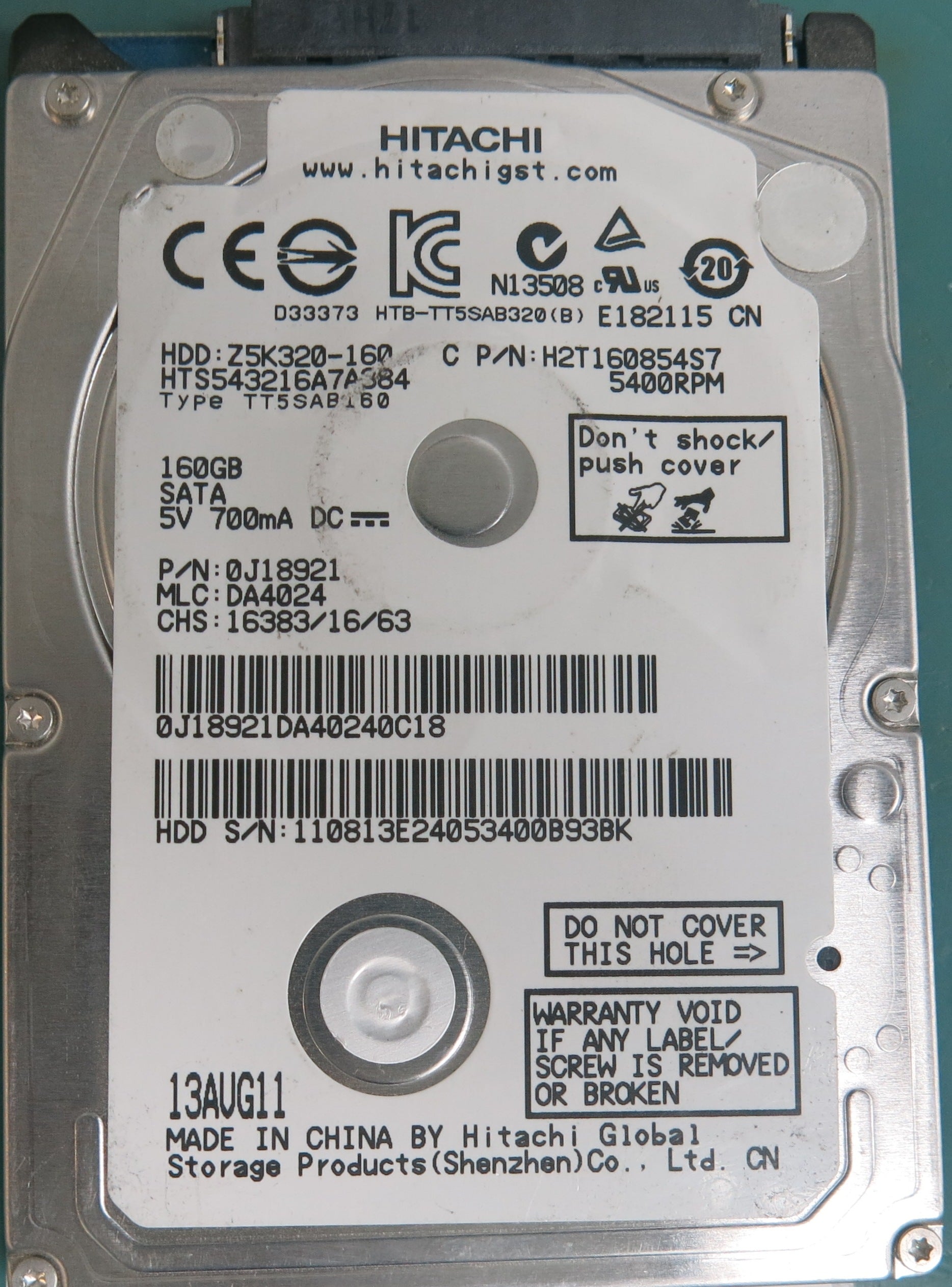 HTS543216A7A384, P/N: 0J18921, MLC: DA4024, 160GB 2.5