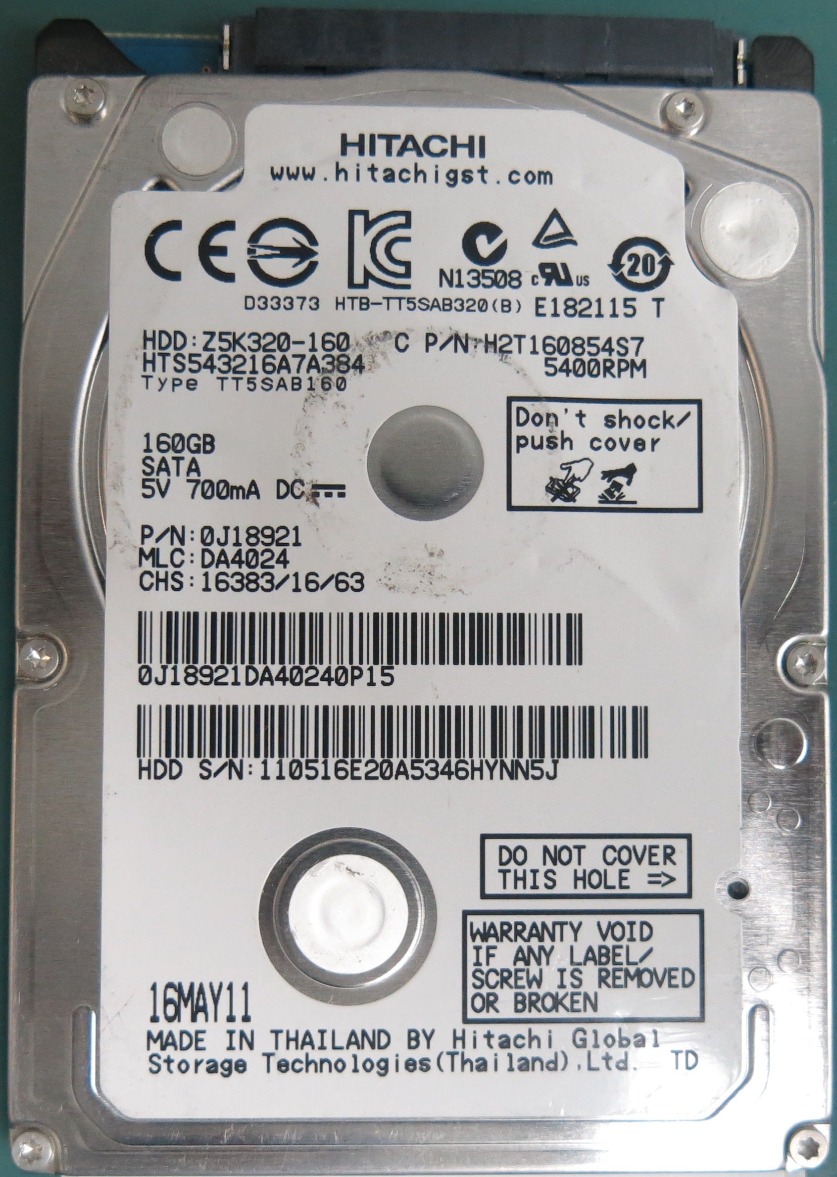 HTS543216A7A384, P/N: 0J18921, MLC: DA4024, 160GB 2.5