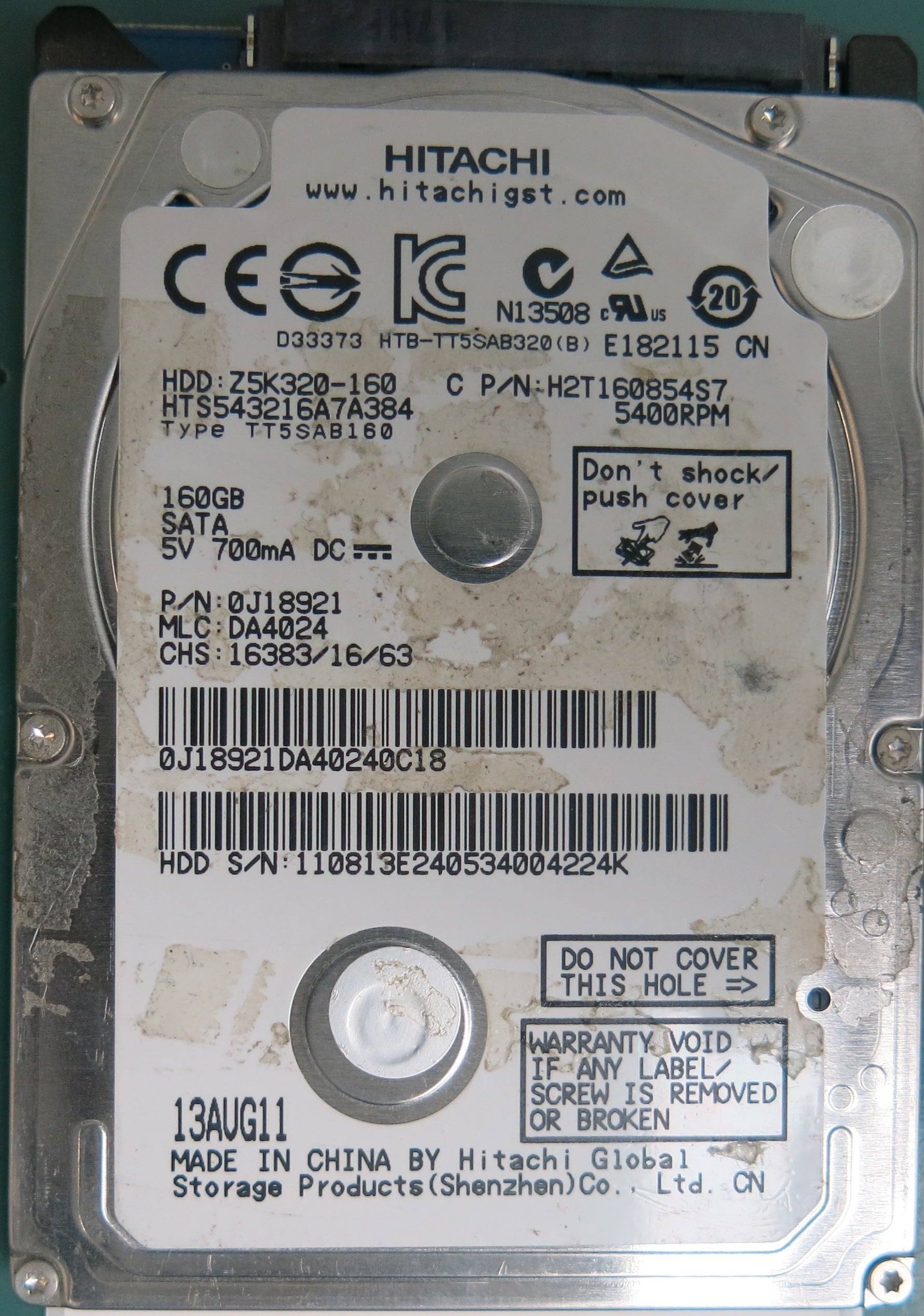 HTS543216A7A384, P/N: 0J18921, MLC: DA4024, 160GB 2.5