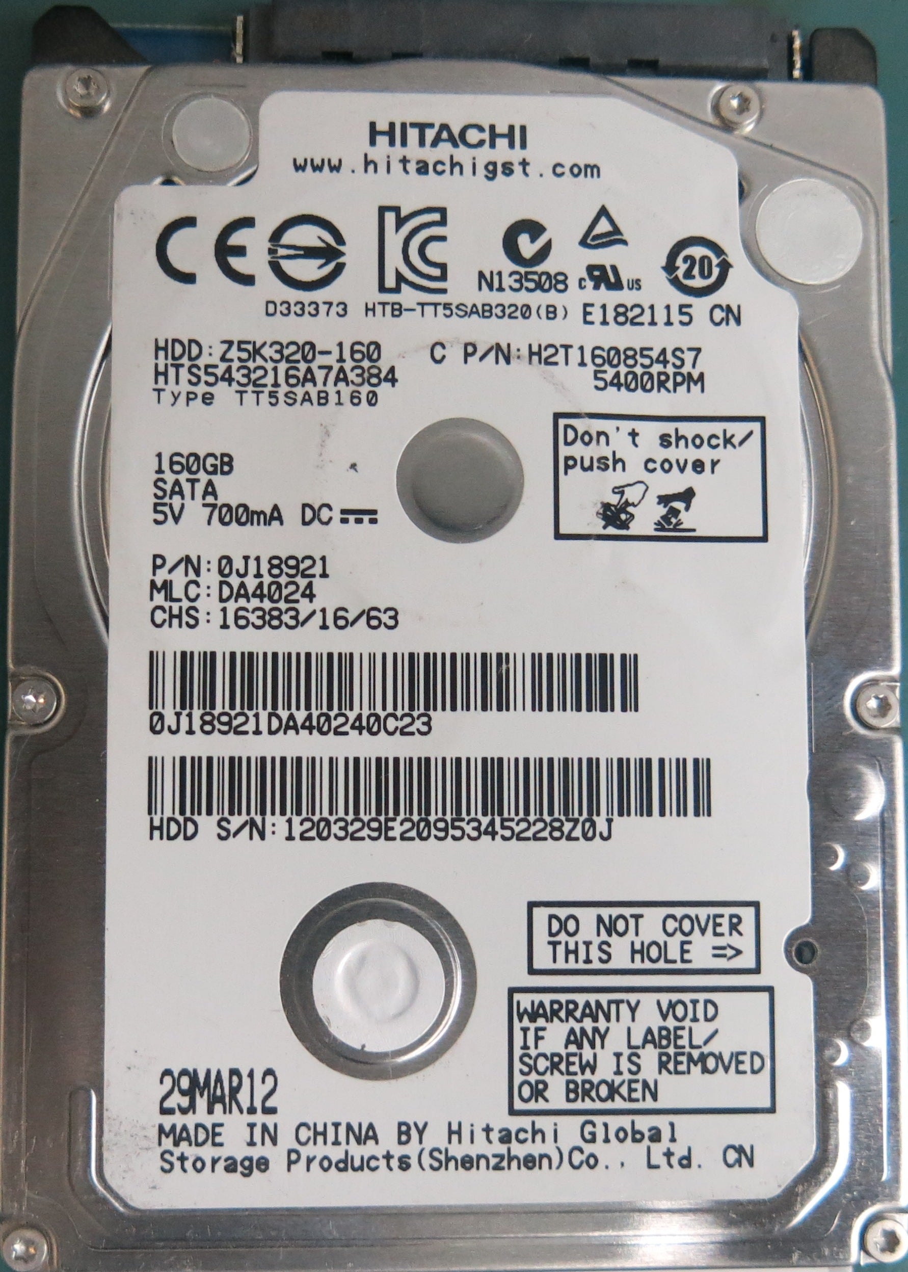 HTS543216A7A384, P/N: 0J18921, MLC: DA4024, 160GB 2.5
